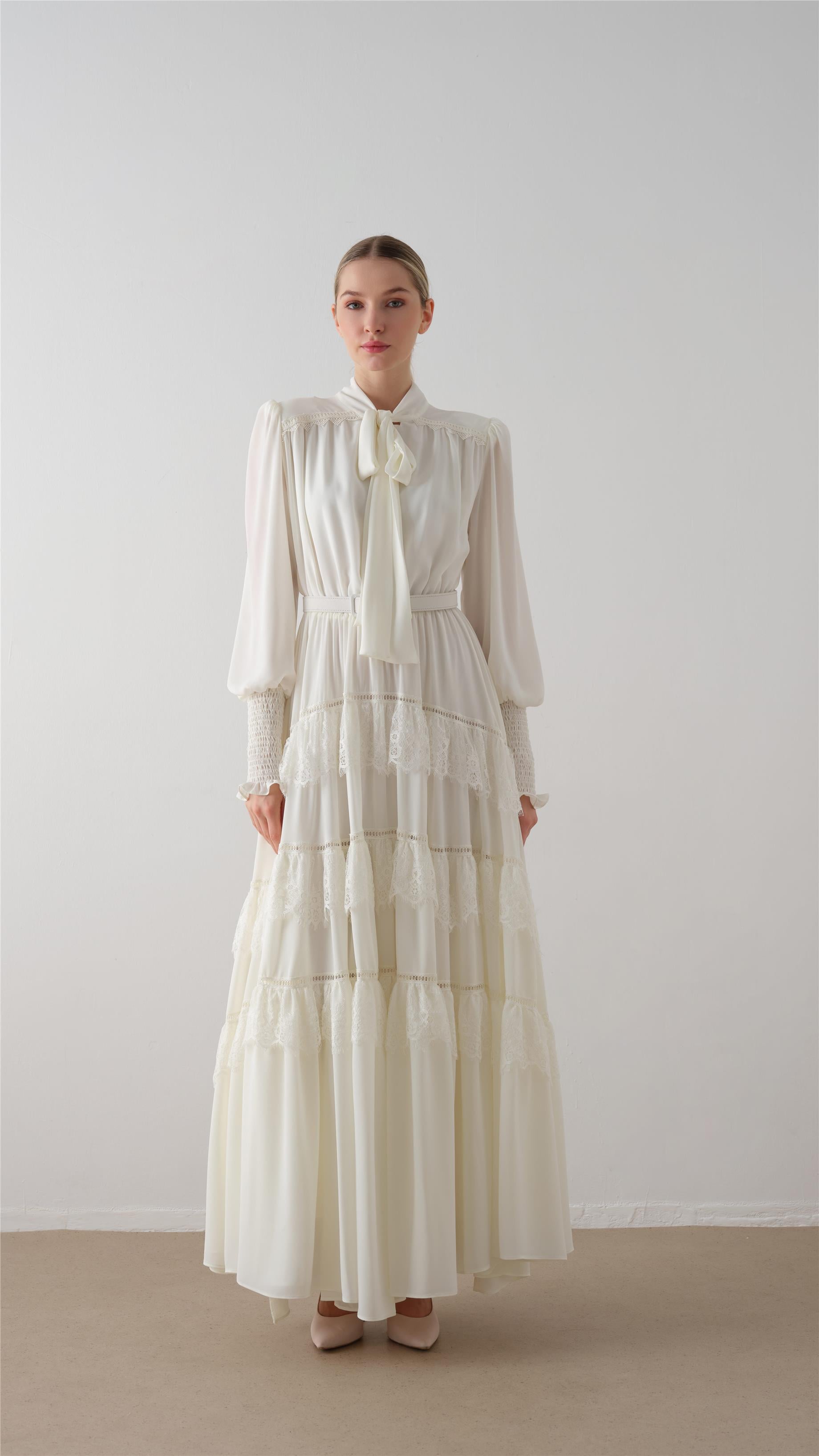 LONG DRESS WITH TIERED GATHERED SKIRT Ecru