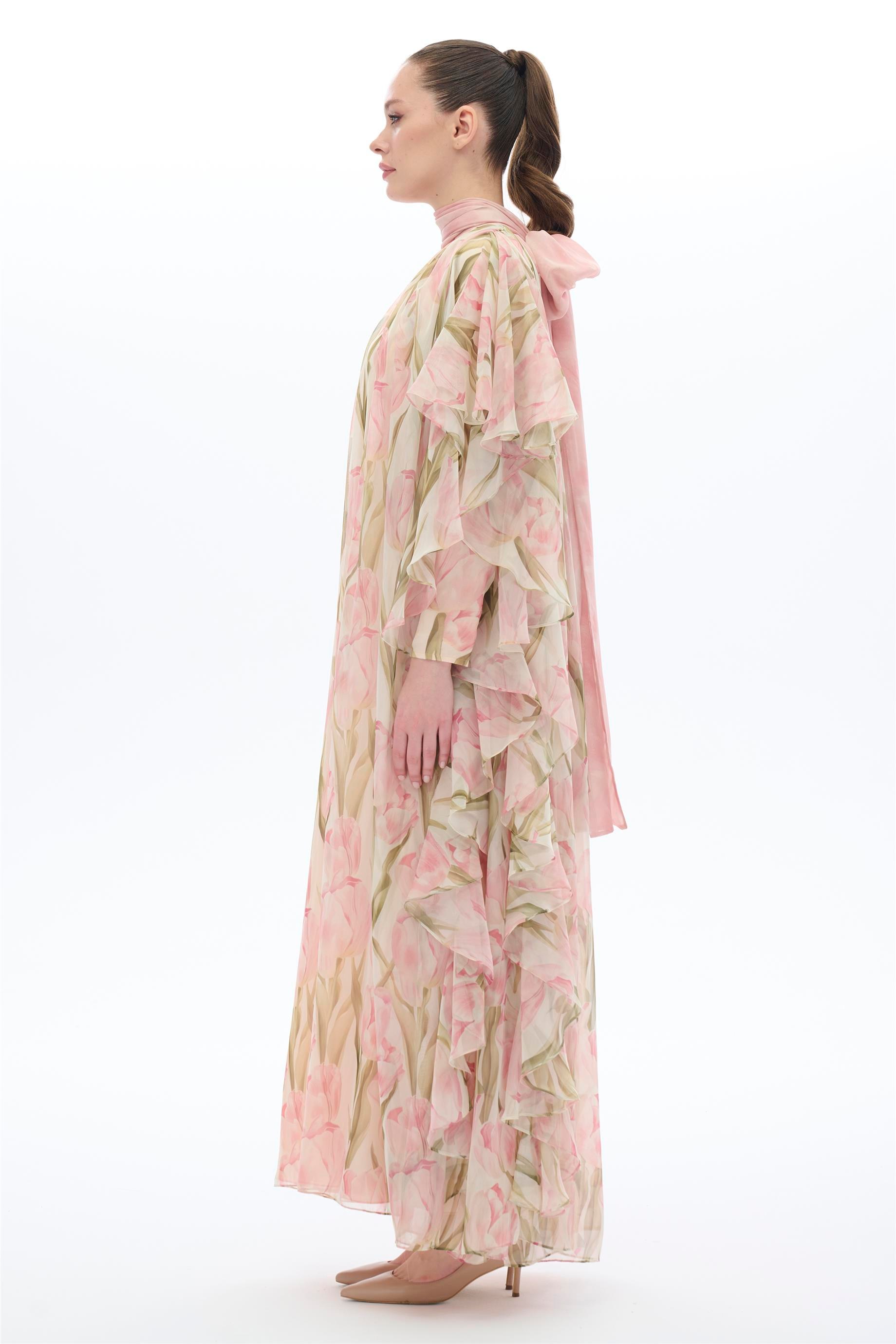 LALE DESENLİ KAFTAN ELBİSE Somon