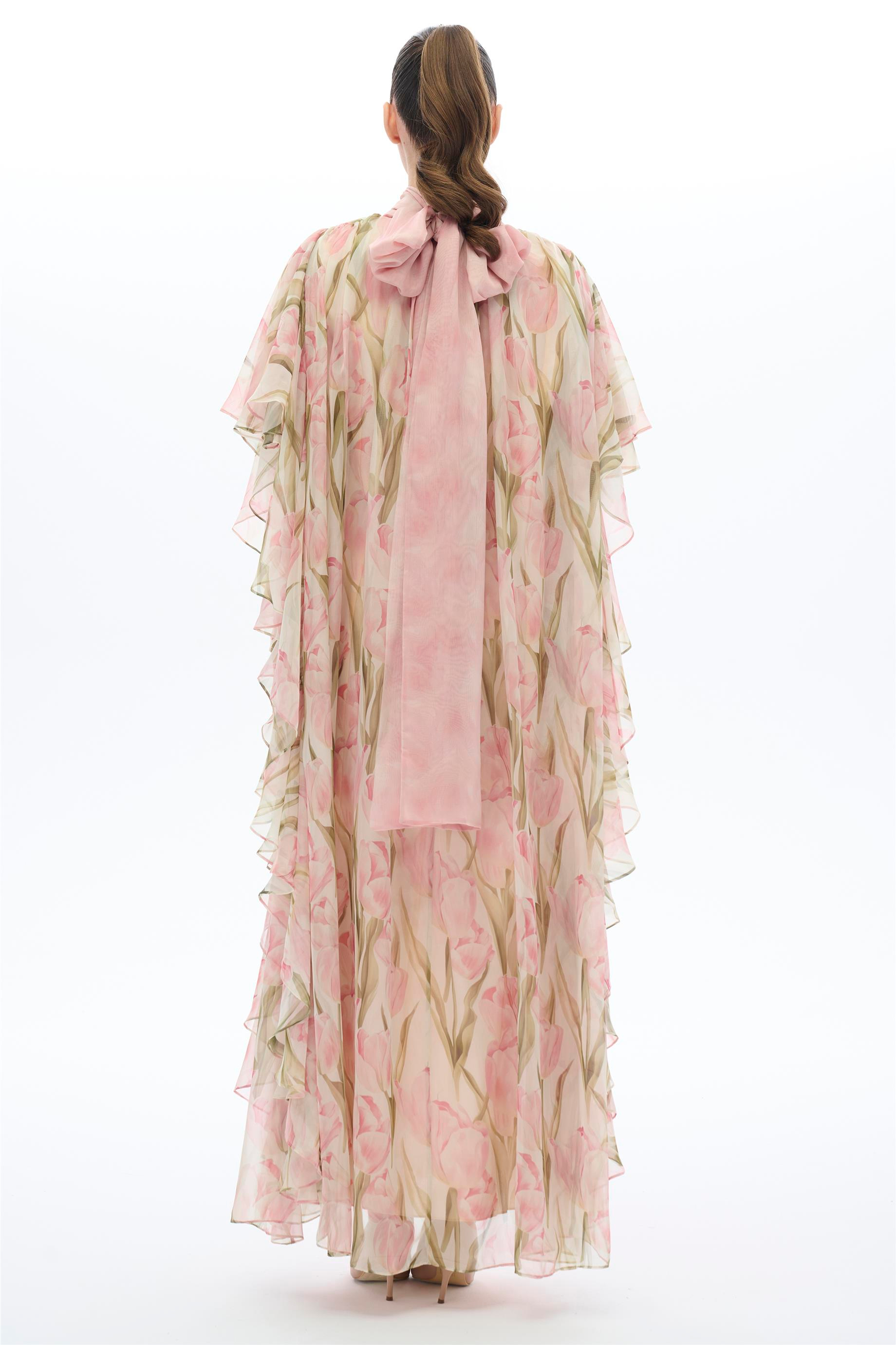 LALE DESENLİ KAFTAN ELBİSE Somon