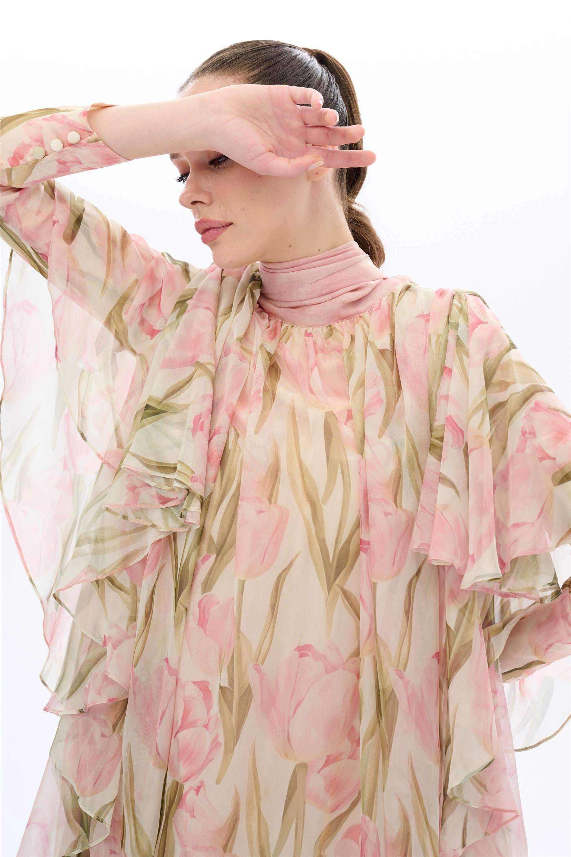 LALE DESENLİ KAFTAN ELBİSE Somon