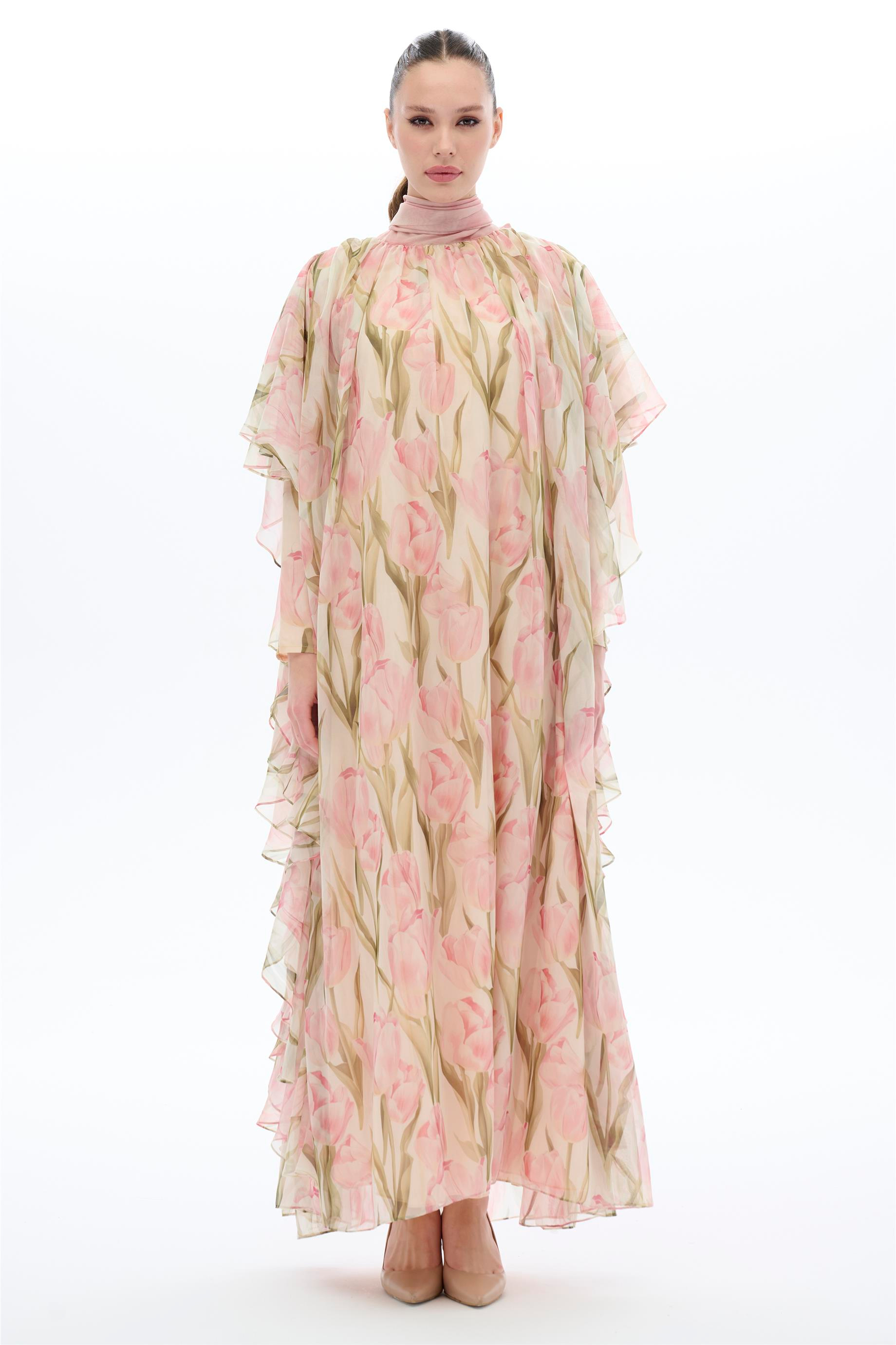LALE DESENLİ KAFTAN ELBİSE Somon