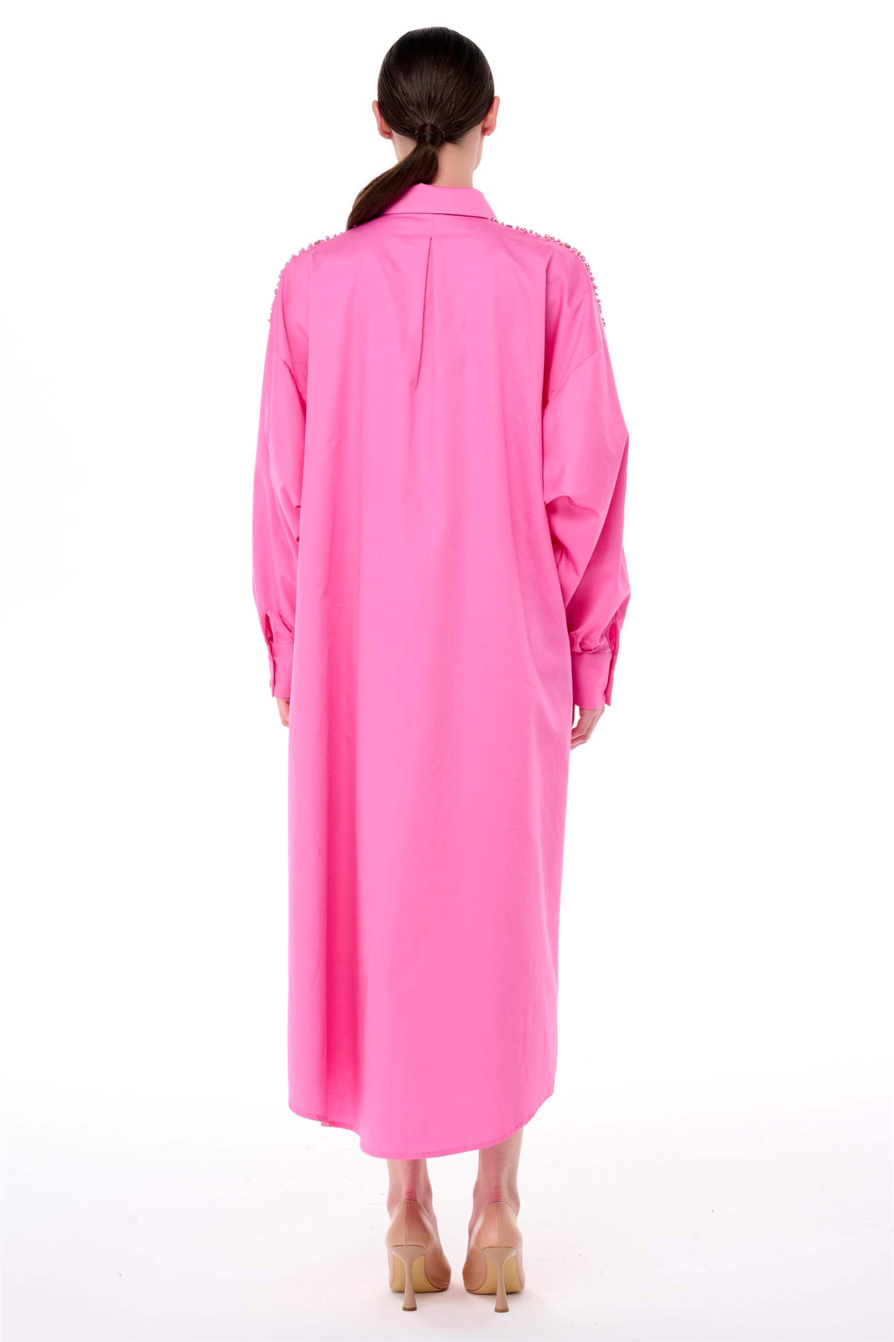 TAŞ İŞLEMELİ POPLİN ELBİSE Pembe