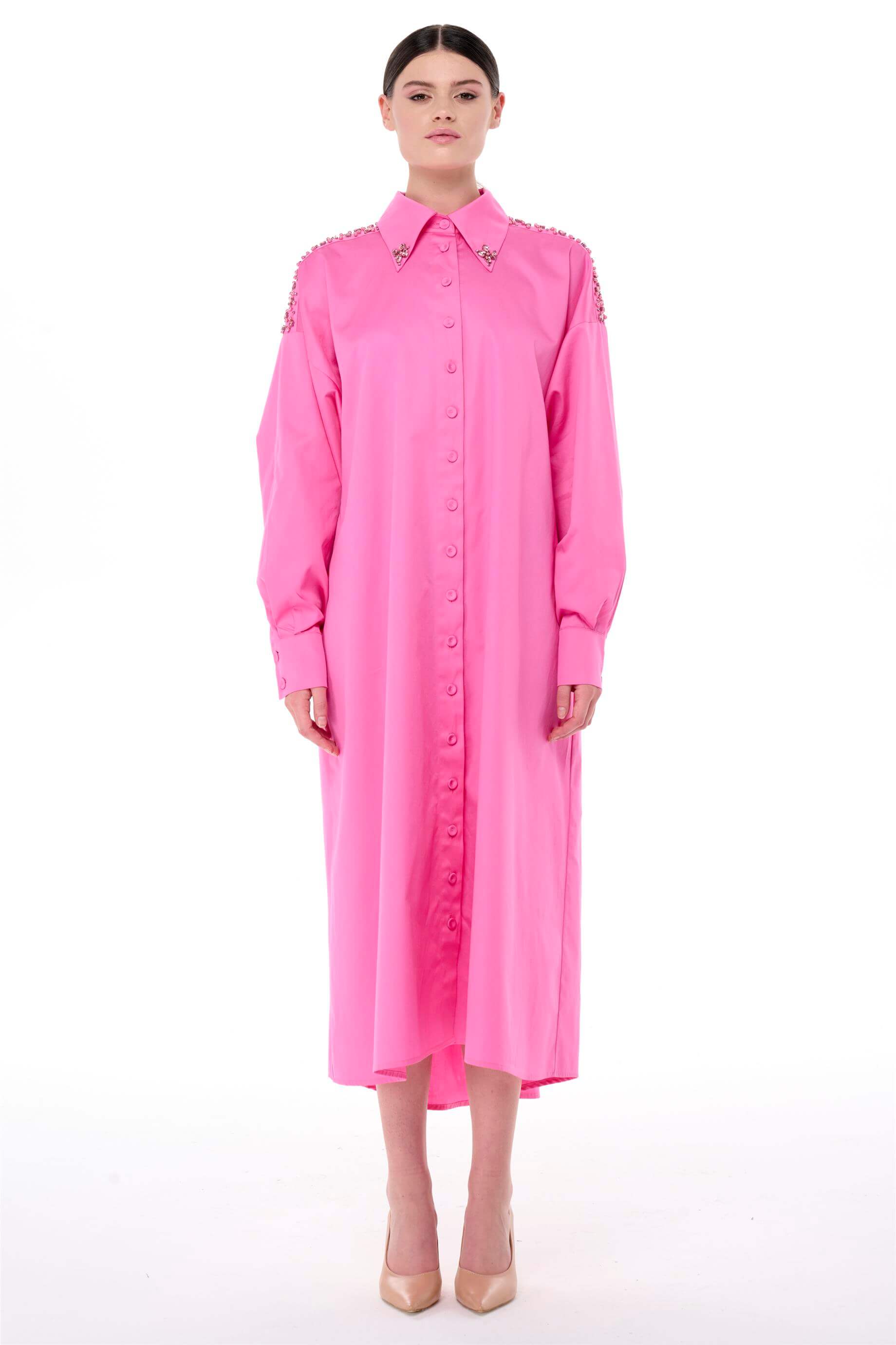 TAŞ İŞLEMELİ POPLİN ELBİSE Pembe