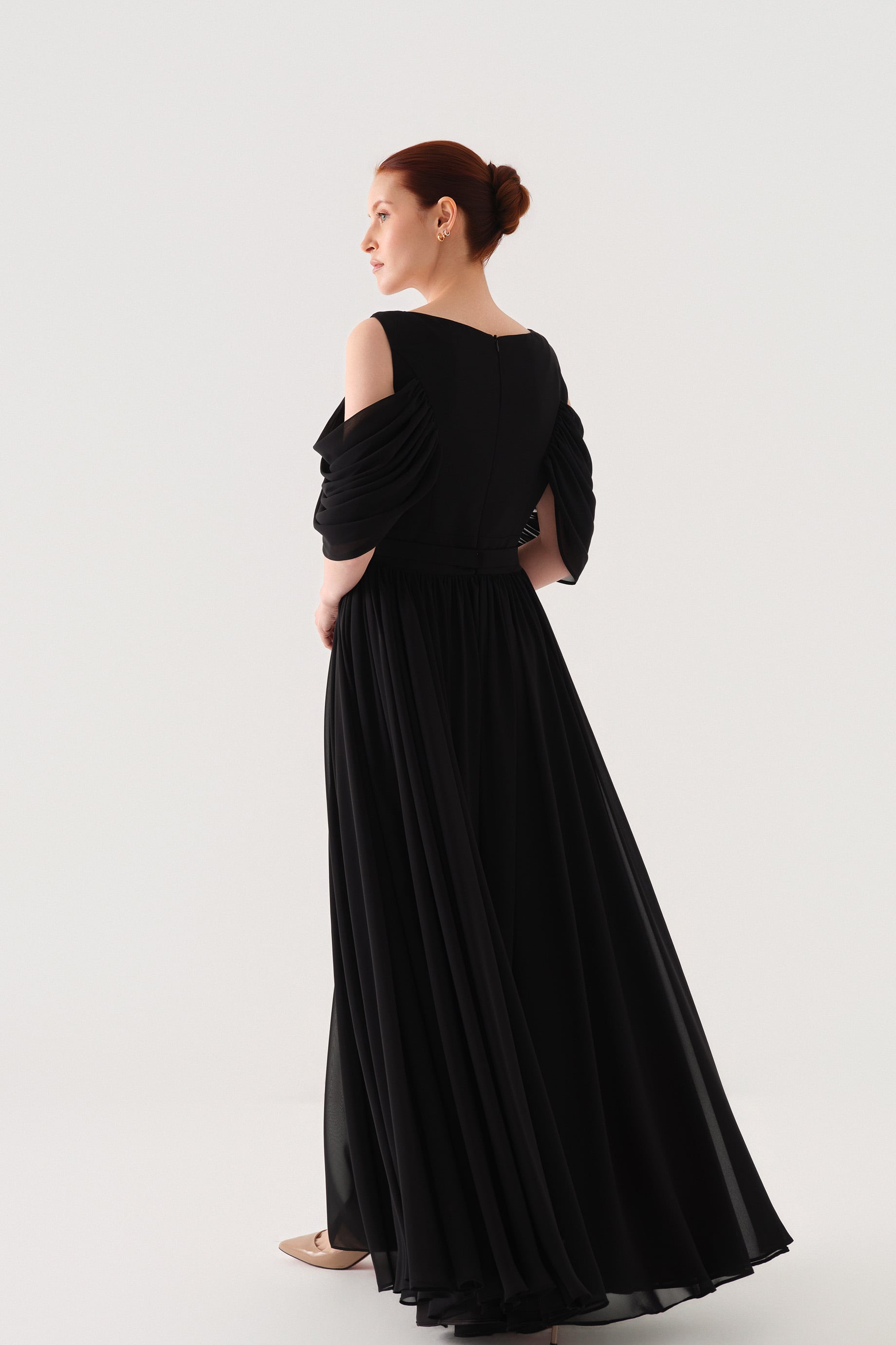 TAŞ KEMERLİ ŞİFON ELBİSE Siyah
