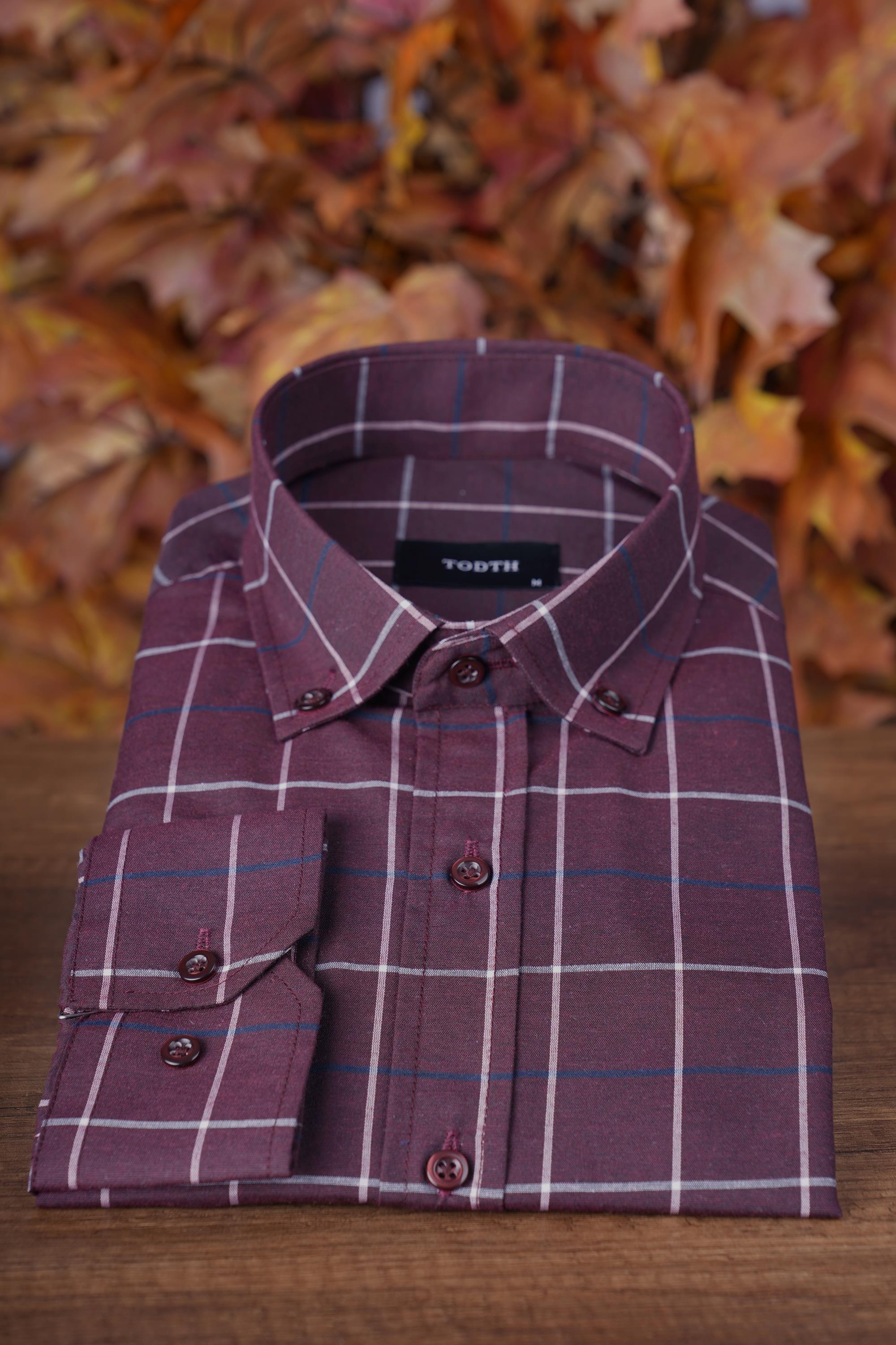 TodthKolay Ütülenebilen Dört Mevsim Modern Fit Yumuşak Dokulu Bordo Beyaz Çizgili Erkek Gömlek3 Gömlek 899 TL
