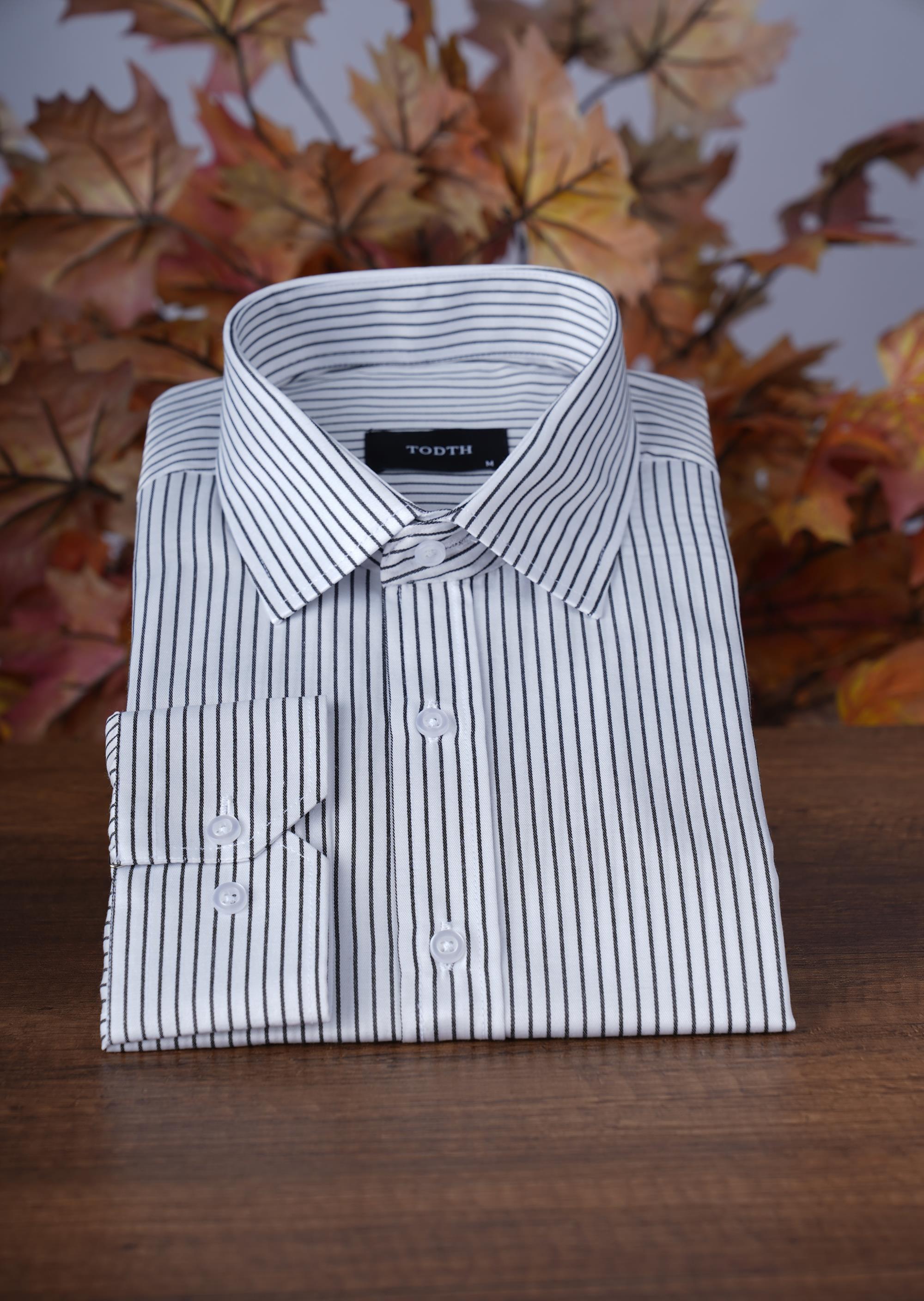 TodthKolay Ütülenebilen Dört Mevsim Modern Fit Yumuşak Dokulu Beyaz Siyah Çizgili Erkek Gömlek3 Gömlek 899 TL