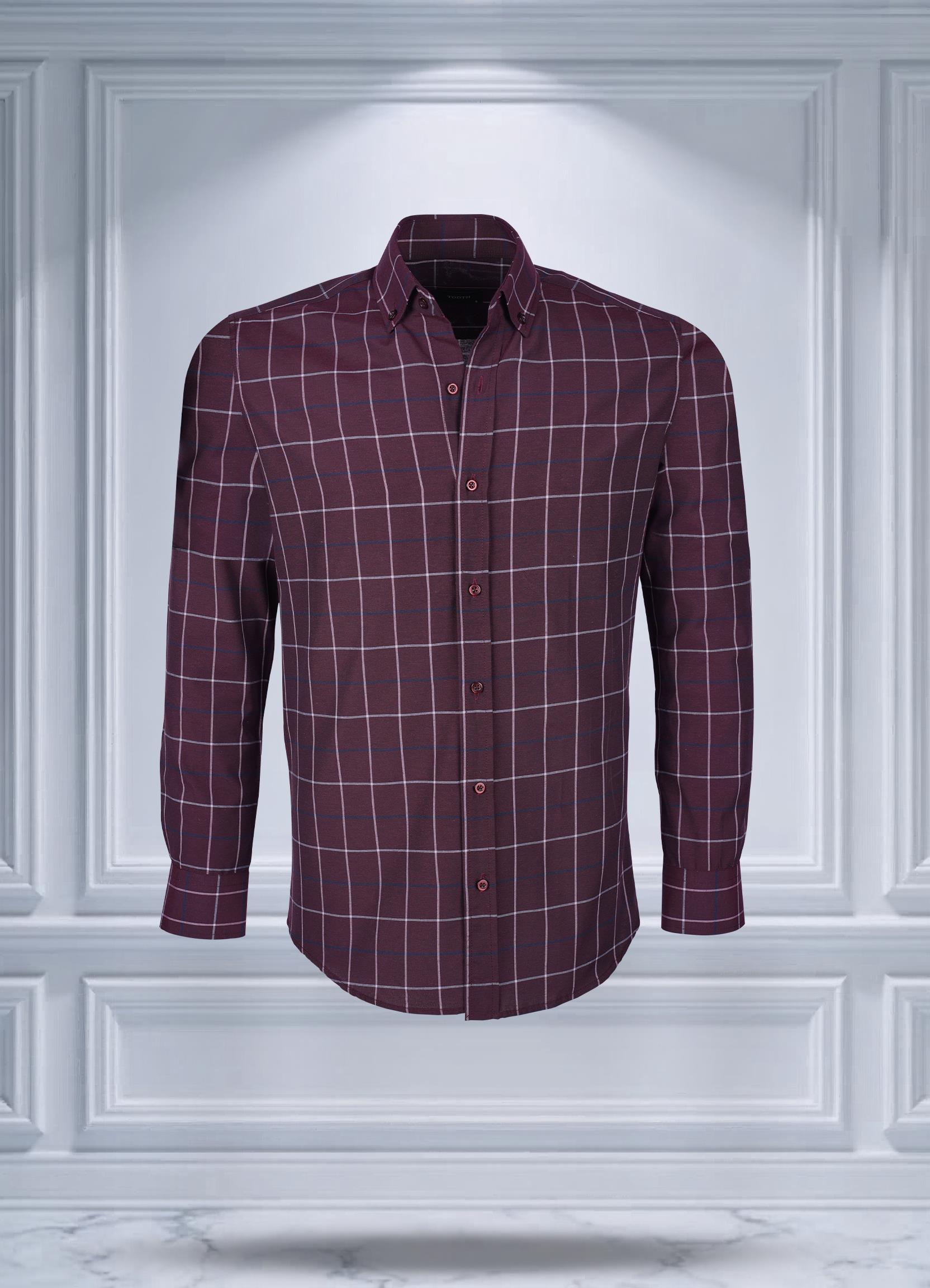 TodthTodth Kolay Ütülenebilen Dört Mevsim Modern Fit Yumuşak Dokulu Bordo Beyaz Çizgili Erkek Gömlek3 Gömlek 899 TL