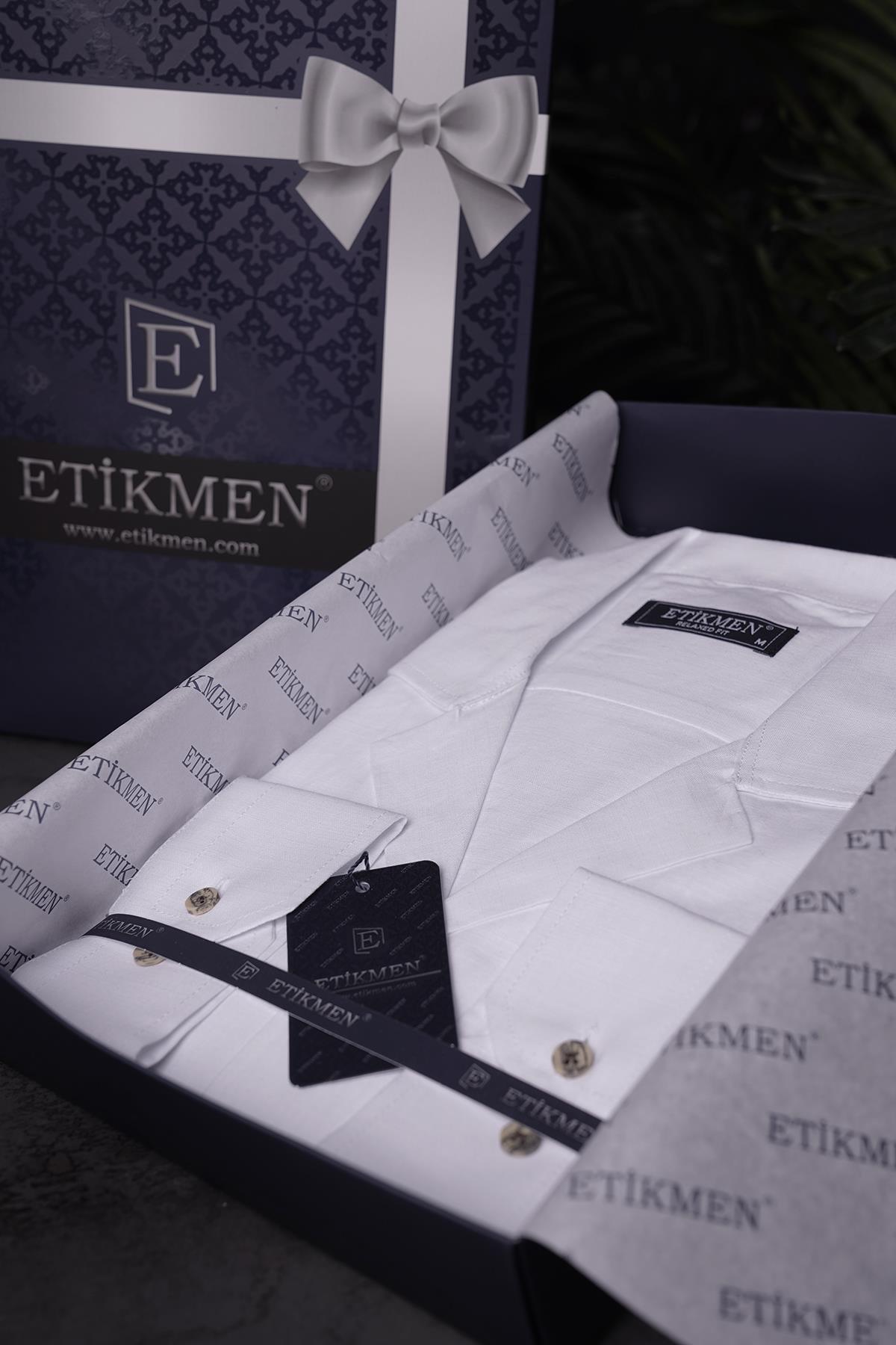 EtikmenBeyaz Keten Apaj Yaka Relax Fit Hediye Kutulu Erkek GömlekGÖMLEK MODELLERİ