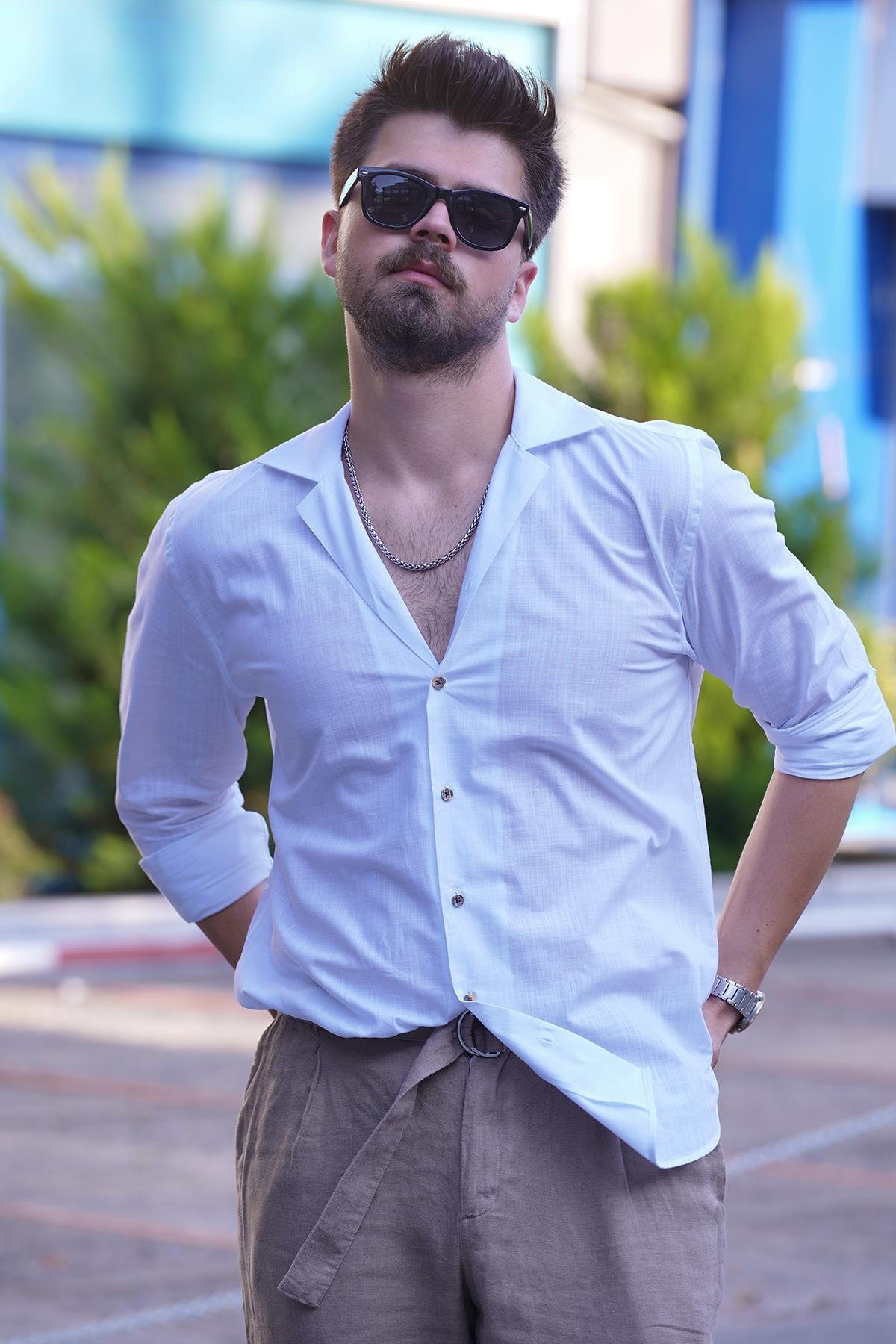 EtikmenBeyaz Keten Apaj Yaka Relax Fit Hediye Kutulu Erkek GömlekGÖMLEK MODELLERİ