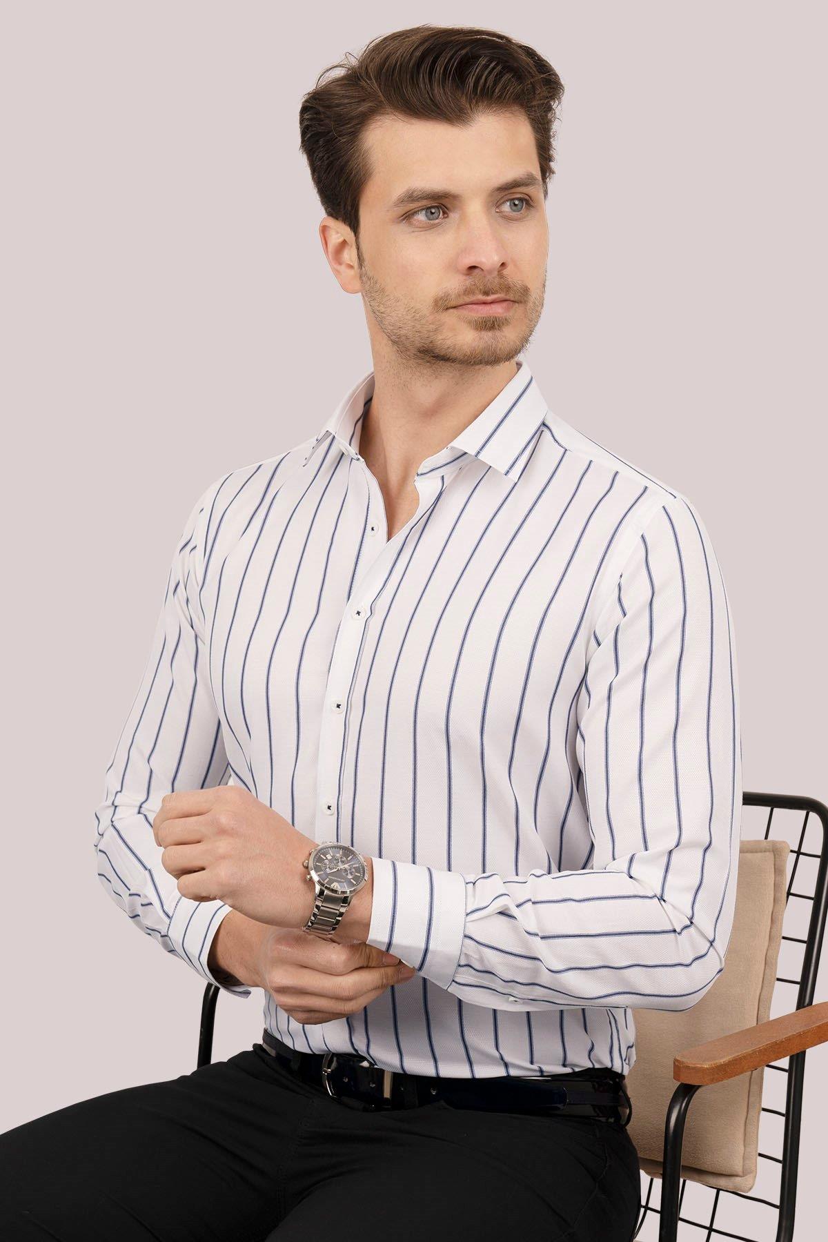 EtikmenBeyaz Lacivert Çizgili Slimfit Hediye Kutulu Erkek GömlekGÖMLEK MODELLERİ