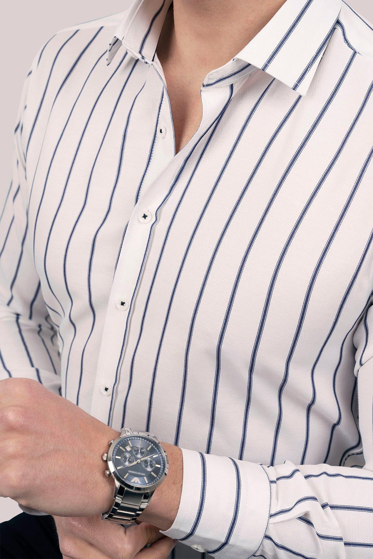 EtikmenBeyaz Lacivert Çizgili Slimfit Hediye Kutulu Erkek GömlekGÖMLEK MODELLERİ