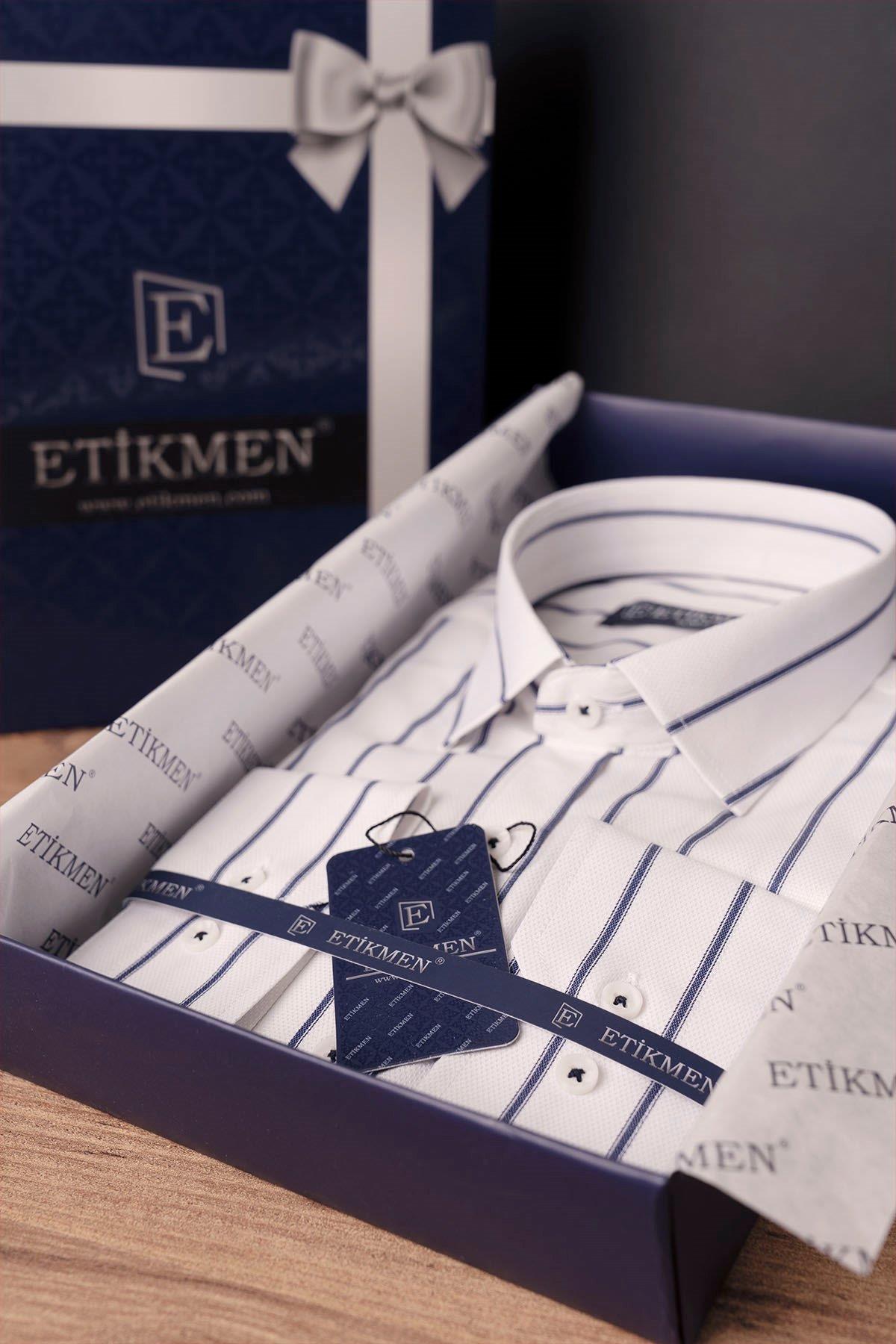 EtikmenBeyaz Lacivert Çizgili Slimfit Hediye Kutulu Erkek GömlekGÖMLEK MODELLERİ
