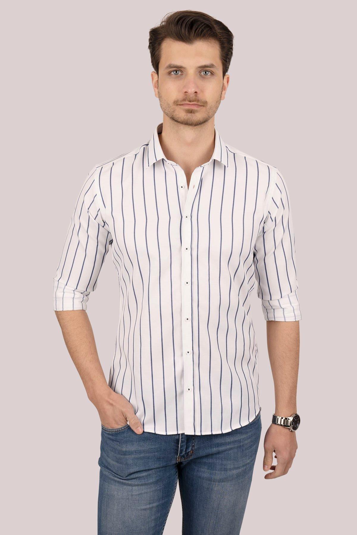 EtikmenBeyaz Lacivert Çizgili Slimfit Hediye Kutulu Erkek GömlekGÖMLEK MODELLERİ