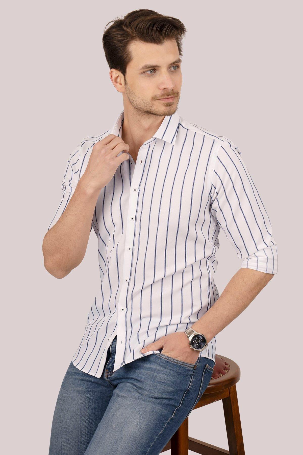 EtikmenBeyaz Lacivert Çizgili Slimfit Hediye Kutulu Erkek GömlekGÖMLEK MODELLERİ