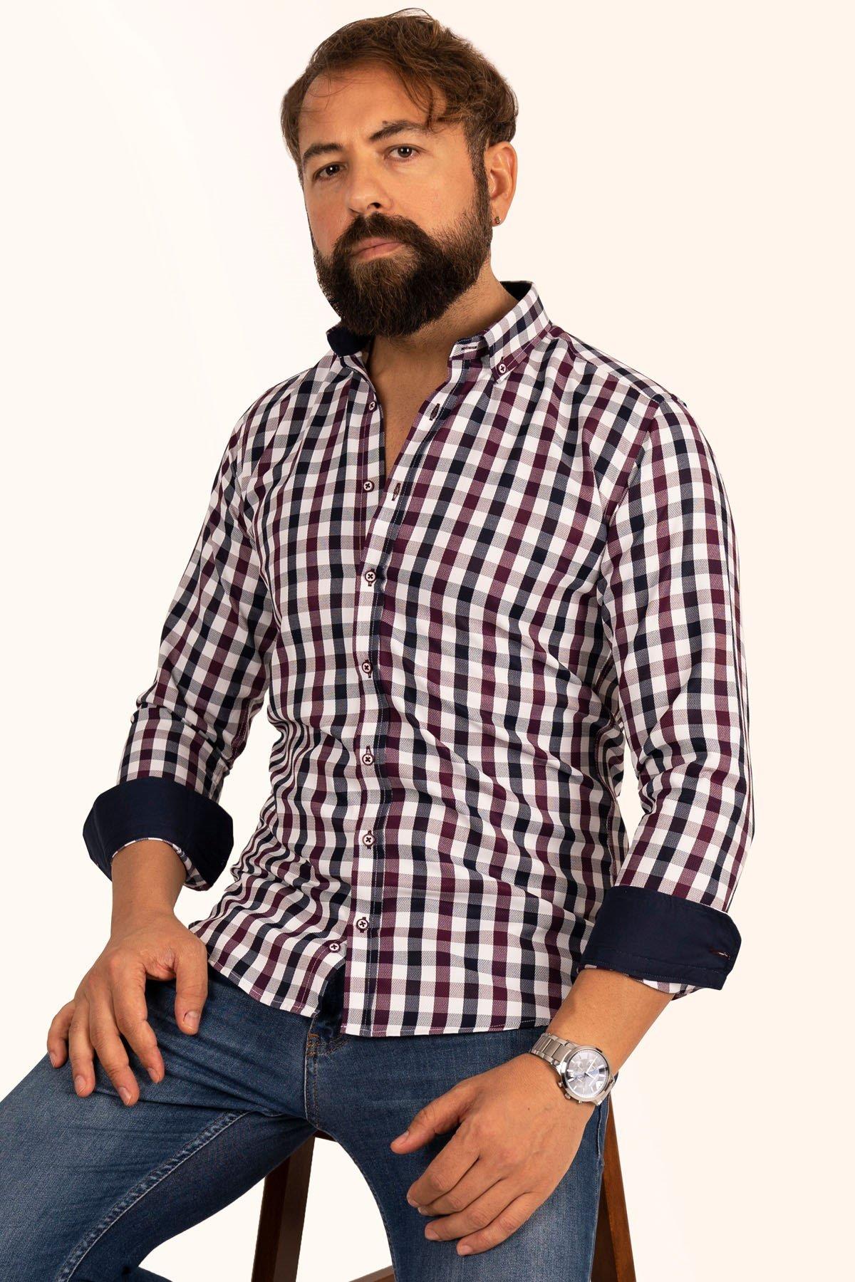 EtikmenBordo Lacivert Kareli Slimfit Hediye Kutulu Erkek GömlekGÖMLEK MODELLERİ