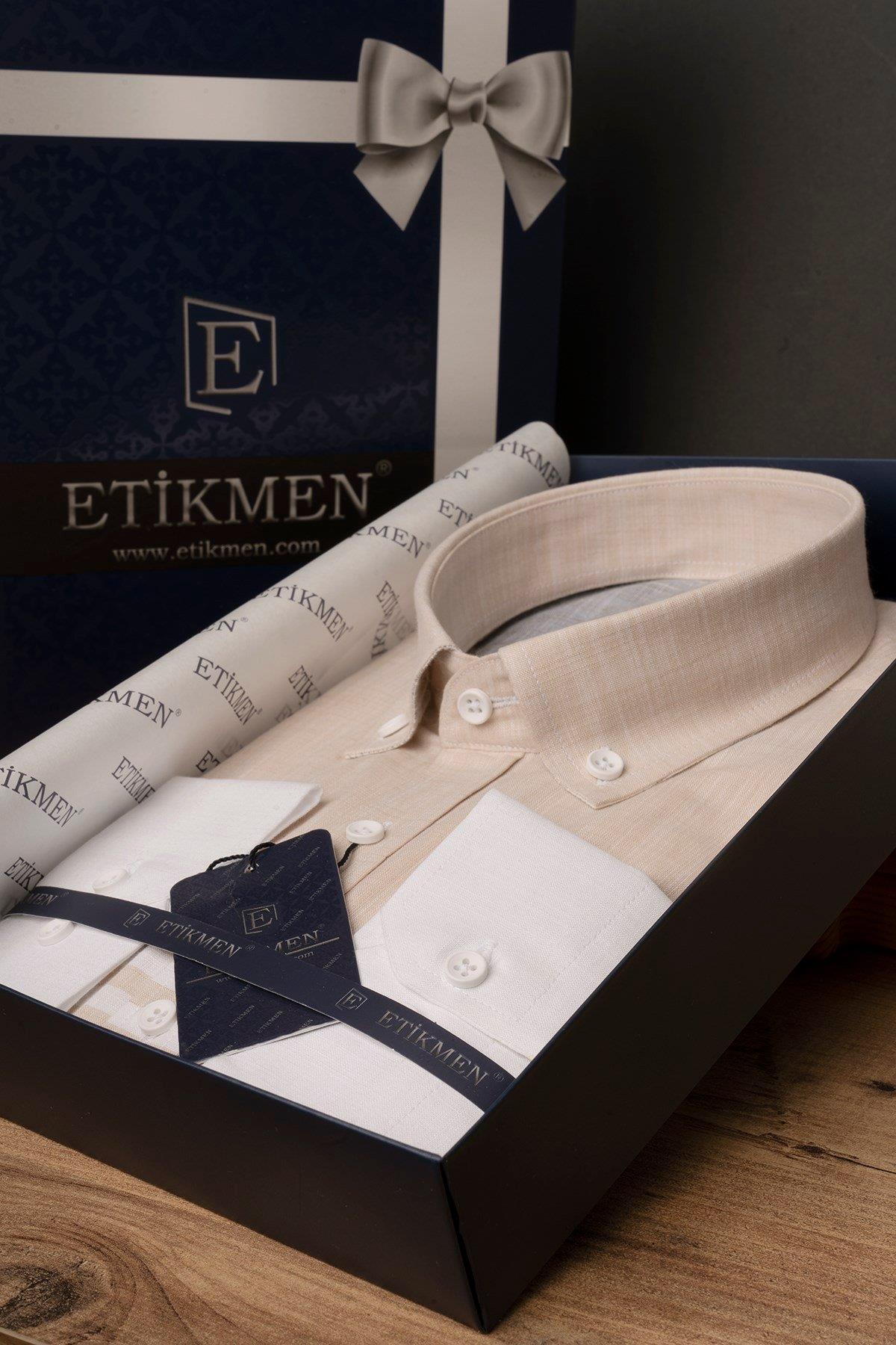 EtikmenPanolu Bej Gri Slimfit Keten Hediye Kutulu Erkek GömlekGÖMLEK MODELLERİ