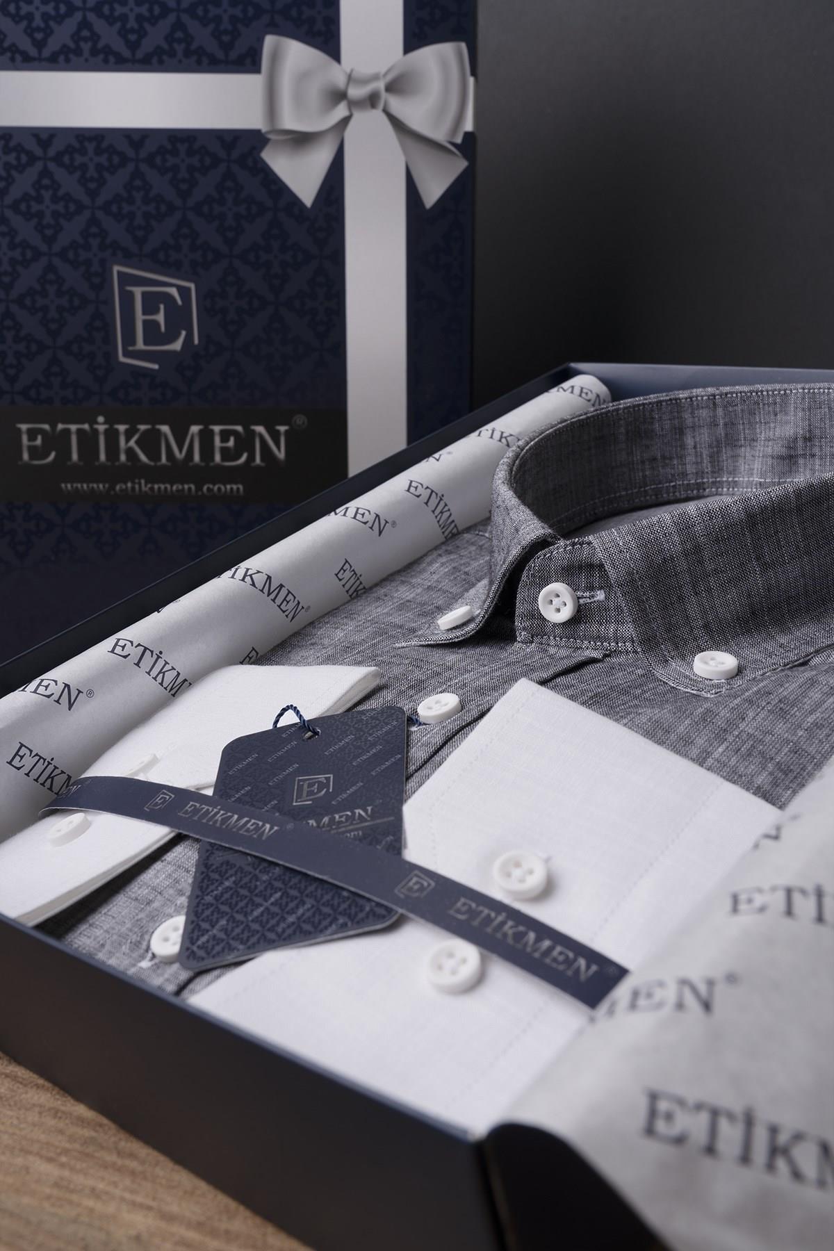 EtikmenPanolu Gri Beyaz Keten Slimfit Hediye Kutulu Erkek GömlekGÖMLEK MODELLERİ