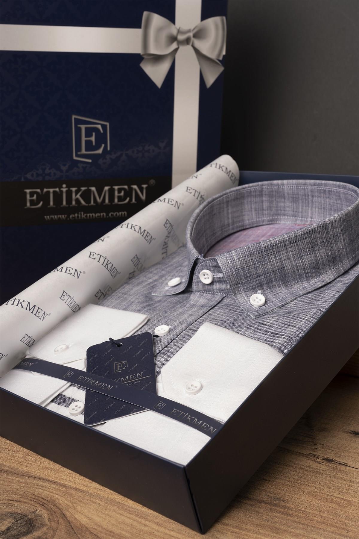 EtikmenPanolu Gri Vişne Slimfit Keten Hediye Kutulu Erkek GömlekGÖMLEK MODELLERİ