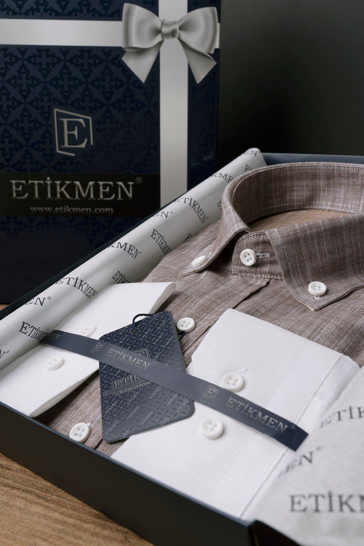 EtikmenPanolu Kahve Bej Keten Slimfit Hediye Kutulu Erkek GömlekGÖMLEK MODELLERİ