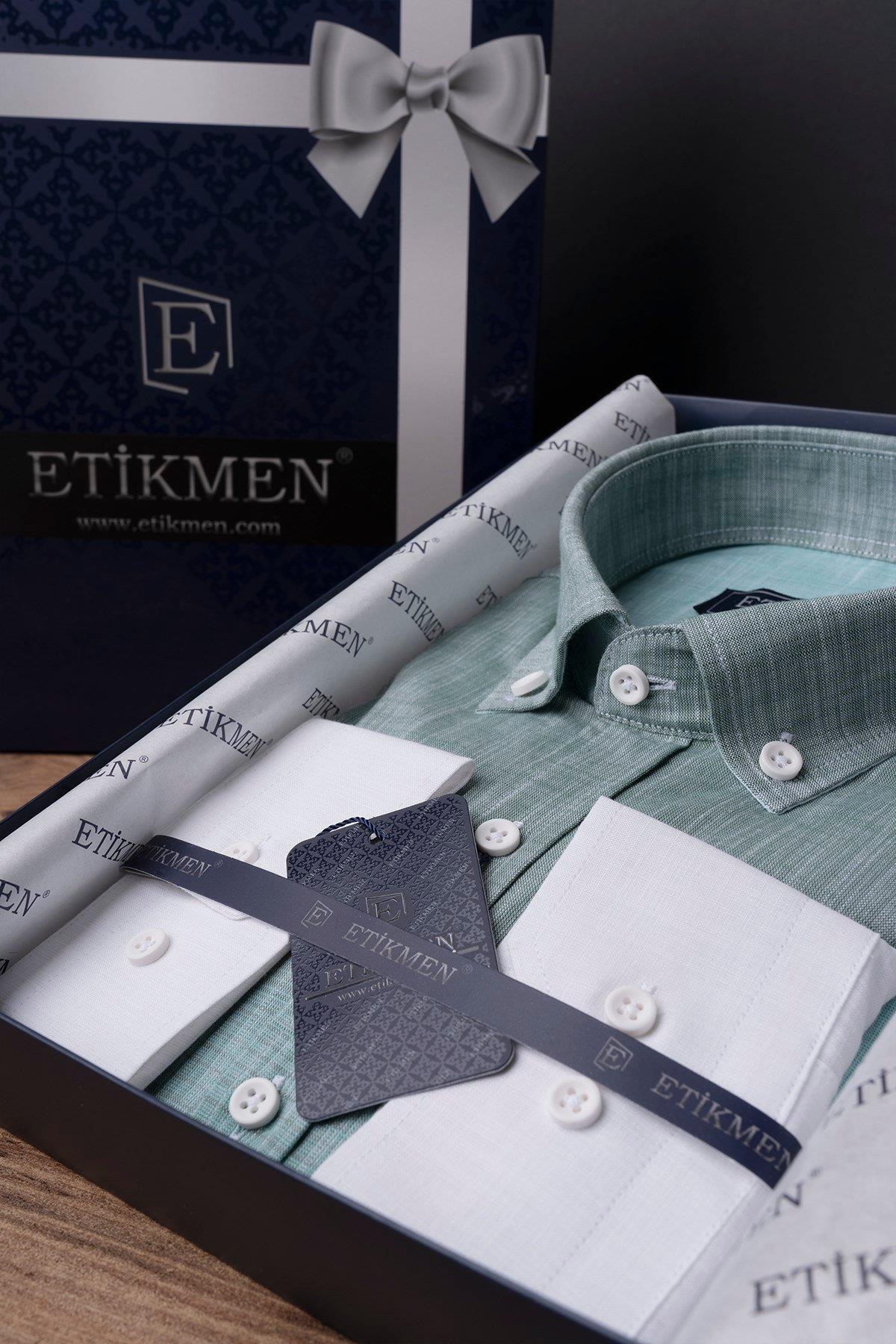 EtikmenPanolu Yeşil Beyaz Geçişli Slimfit Keten Kutulu GömlekGÖMLEK MODELLERİ