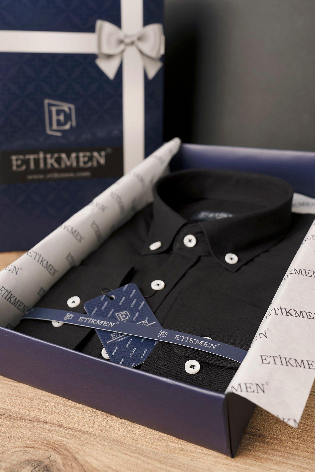 EtikmenSiyah Yaka Düğmeli Keten Slimfit Hediye Kutulu Erkek GömlekGÖMLEK MODELLERİ