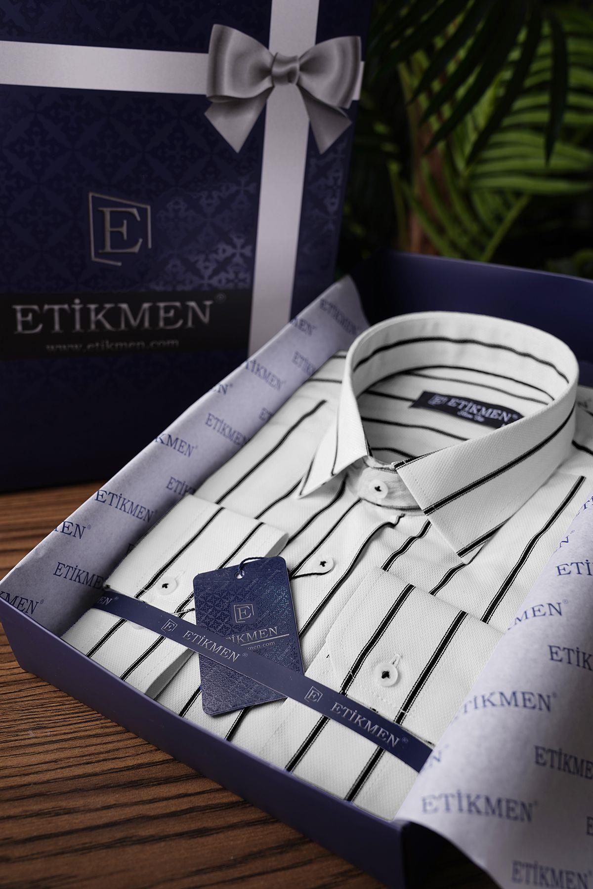EtikmenBeyaz Siyah Çizgili Slimfit Hediye Kutulu Erkek GömlekKlasik Gömlek Modelleri