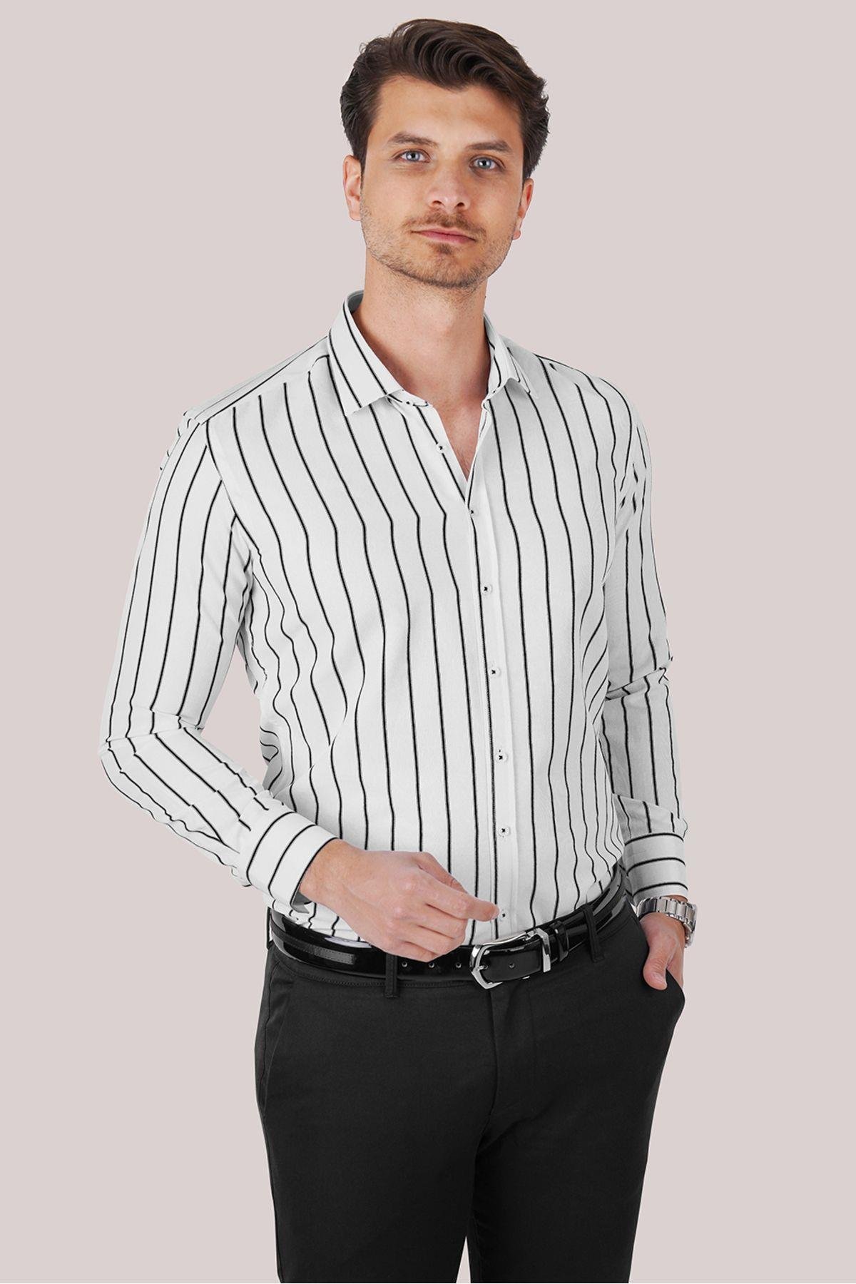 EtikmenBeyaz Siyah Çizgili Slimfit Hediye Kutulu Erkek GömlekKlasik Gömlek Modelleri