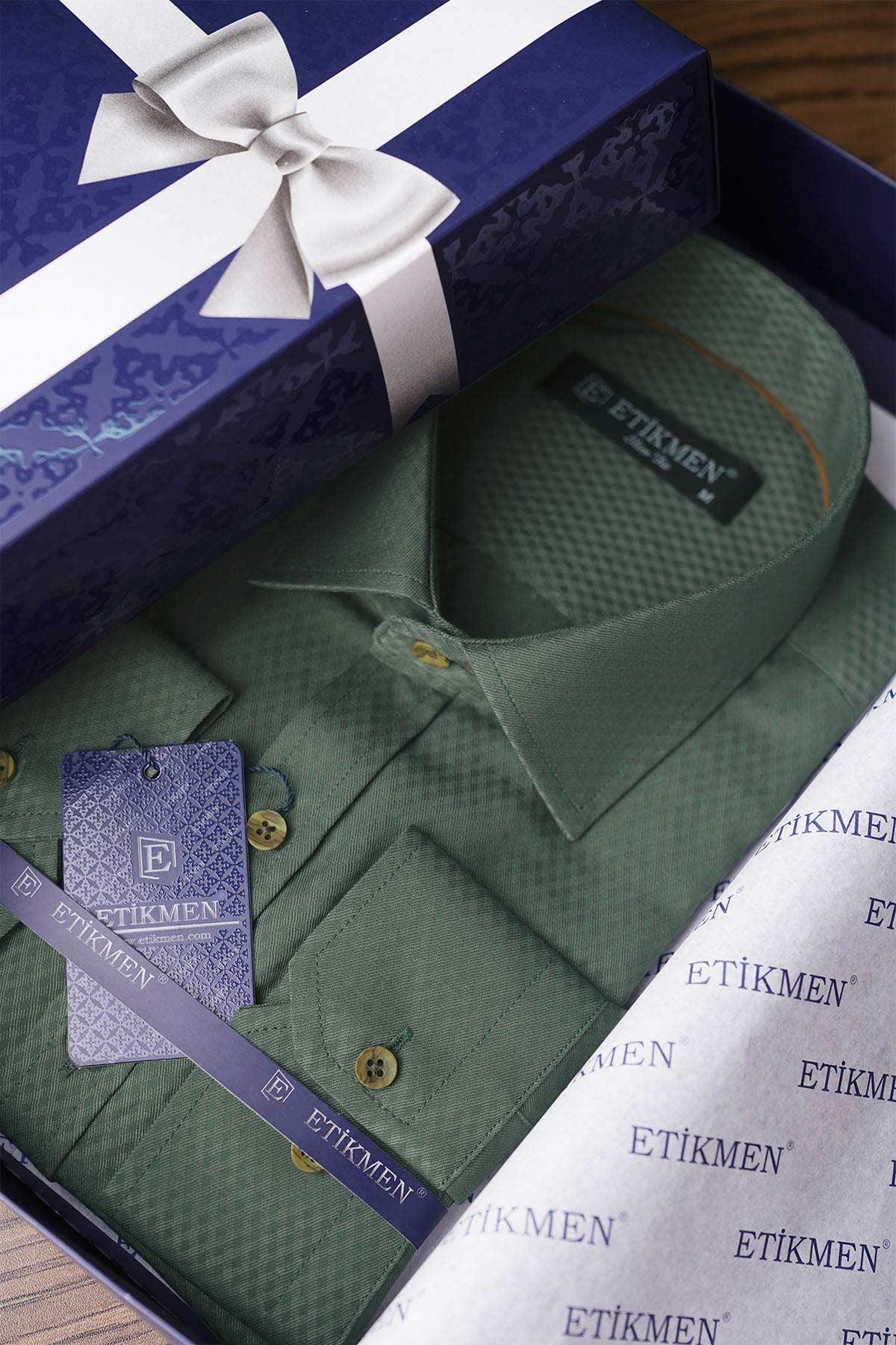 EtikmenKaktüs Yeşili Kahve Düğme Slimfit Erkek GömlekKlasik Gömlek Modelleri