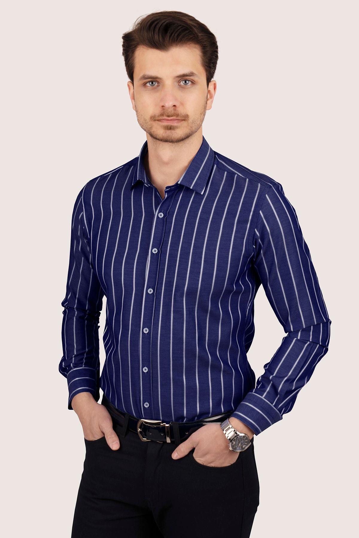 EtikmenLacivert Beyaz Çizgili Slimfit Hediye Kutulu Erkek GömlekKlasik Gömlek Modelleri