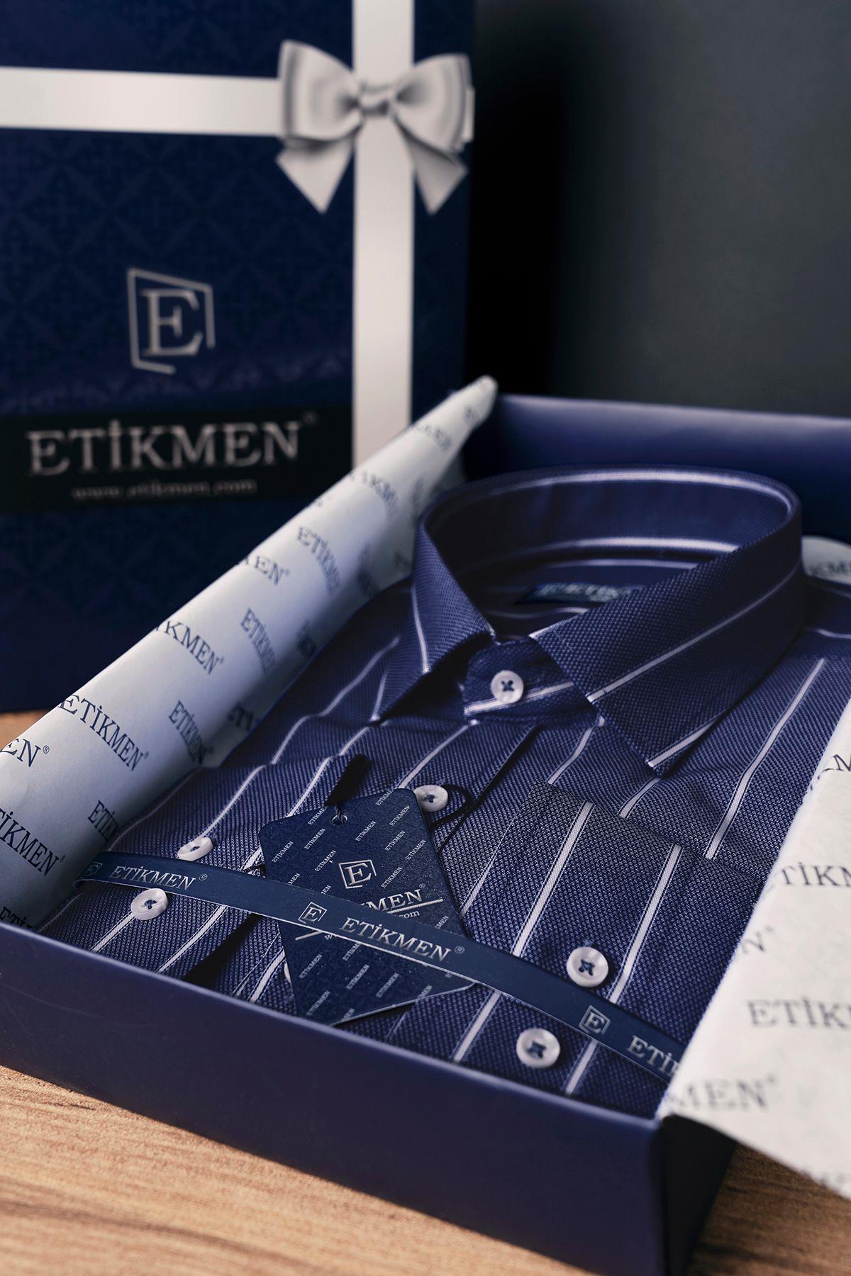 EtikmenLacivert Beyaz Çizgili Slimfit Hediye Kutulu Erkek GömlekKlasik Gömlek Modelleri