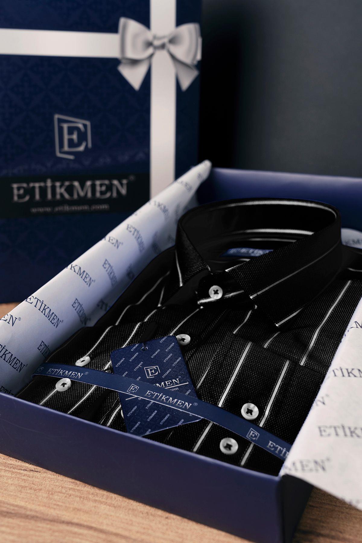 EtikmenSiyah Beyaz Çizgili Slimfit Hediye Kutulu Erkek GömlekKlasik Gömlek Modelleri