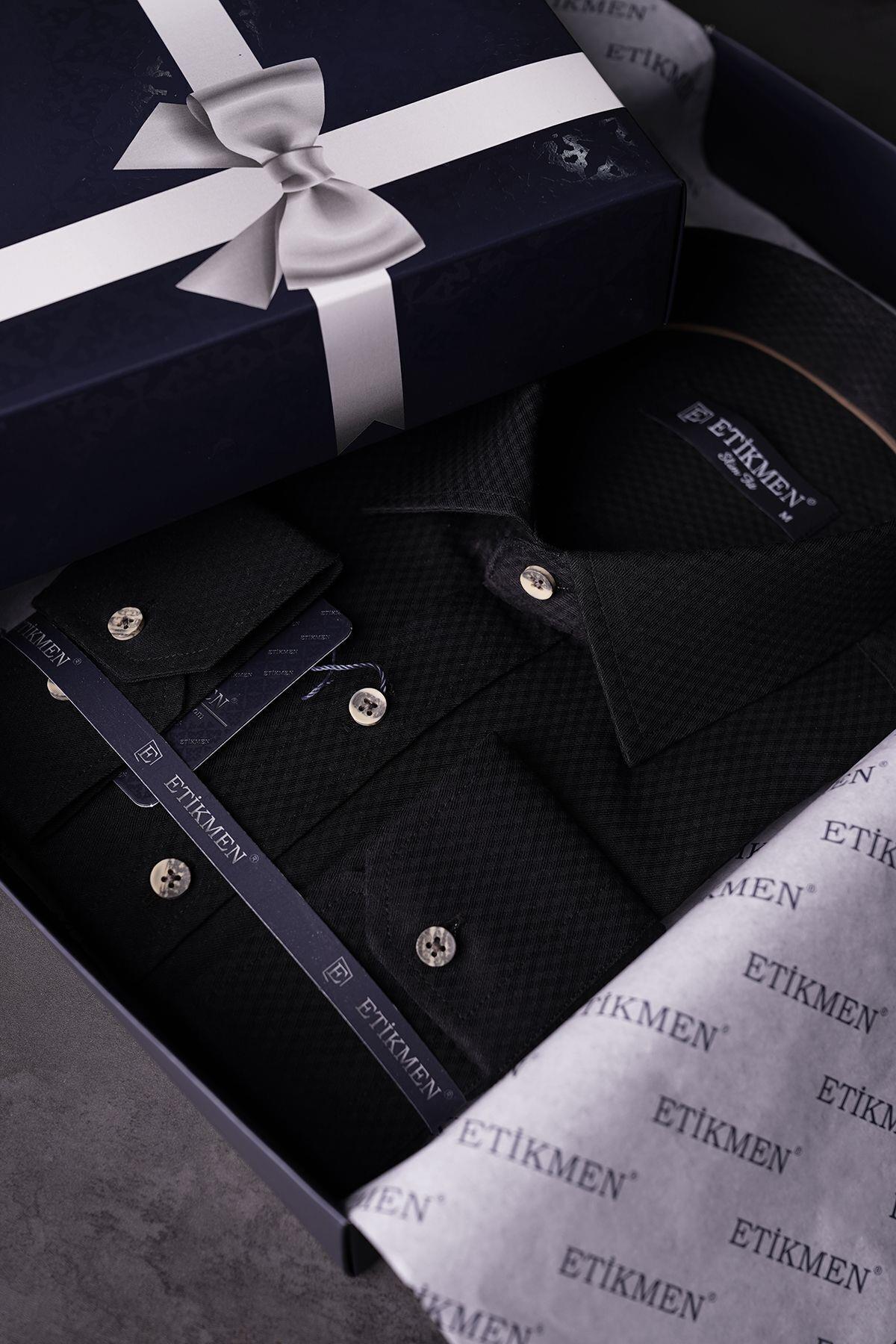 EtikmenSiyah Kahve Düğmeli Baklava Desen Slimfit Hediye Kutulu Erkek GömlekKlasik Gömlek Modelleri