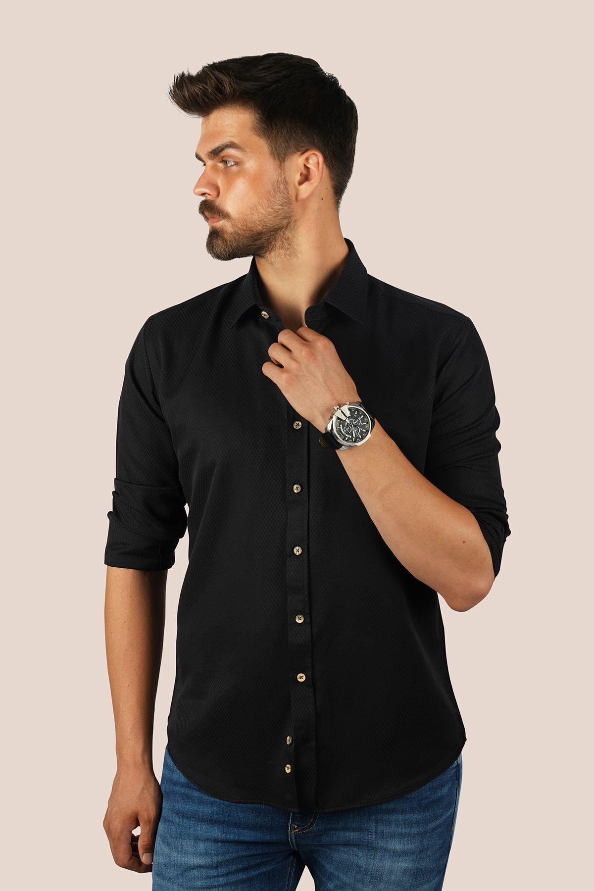 EtikmenSiyah Kahve Düğmeli Baklava Desen Slimfit Hediye Kutulu Erkek GömlekKlasik Gömlek Modelleri