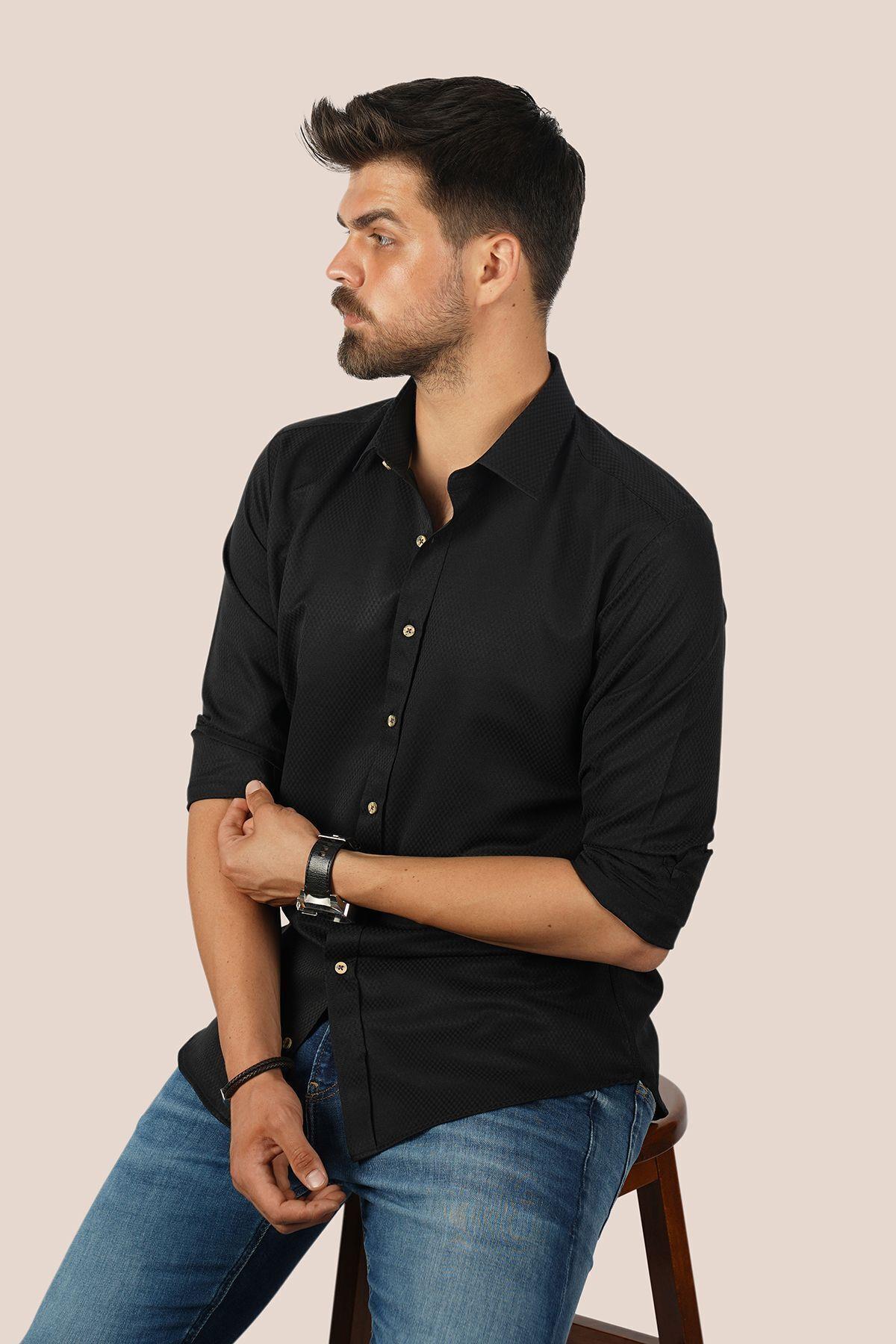 EtikmenSiyah Kahve Düğmeli Baklava Desen Slimfit Hediye Kutulu Erkek GömlekKlasik Gömlek Modelleri