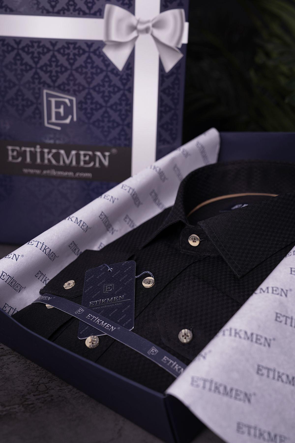 EtikmenSiyah Kahve Düğmeli Baklava Desen Slimfit Hediye Kutulu Erkek GömlekKlasik Gömlek Modelleri