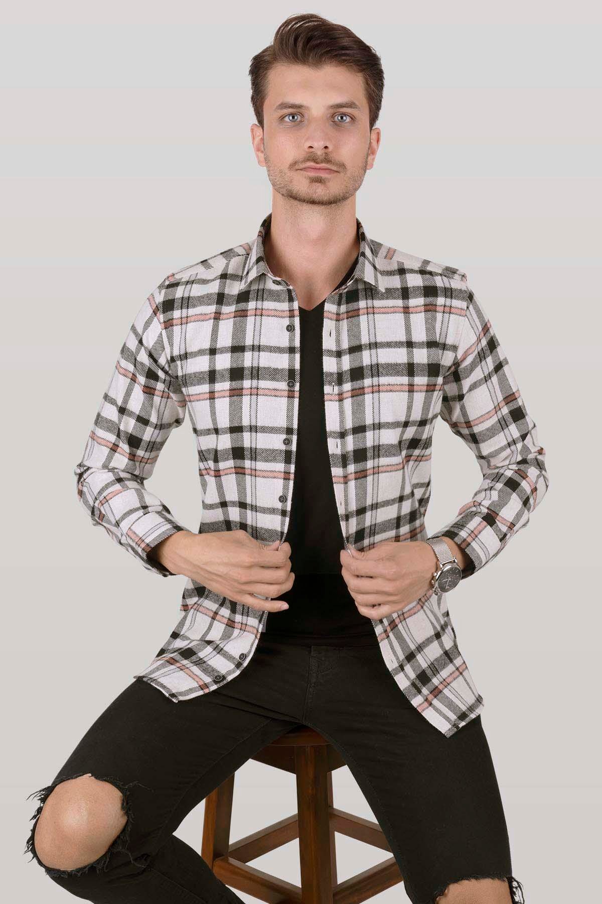 EtikmenBeyaz Siyah Çizgili Oduncu Erkek GömlekSlimfit Oduncu Modeller