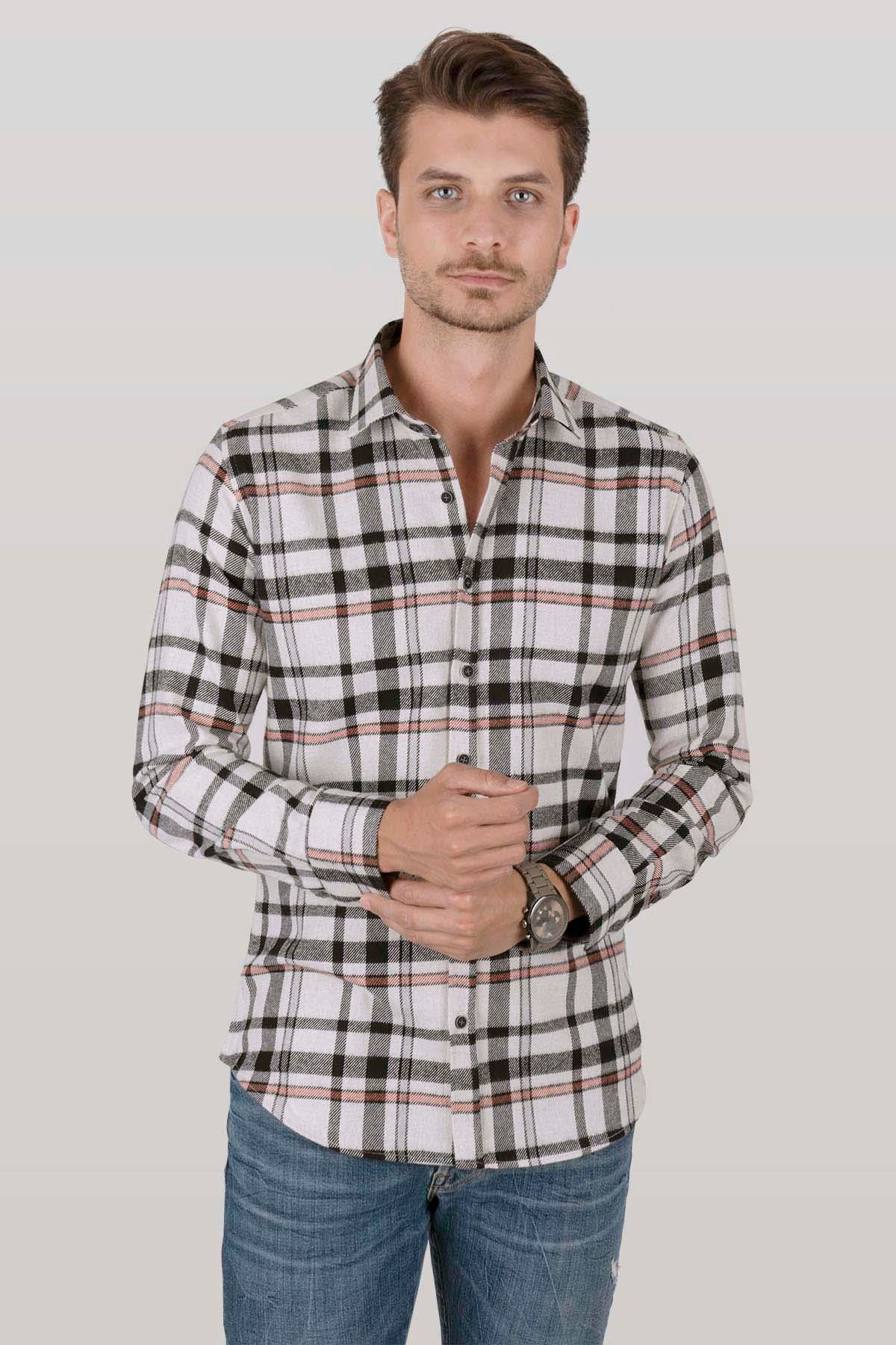 EtikmenBeyaz Siyah Çizgili Oduncu Erkek GömlekSlimfit Oduncu Modeller