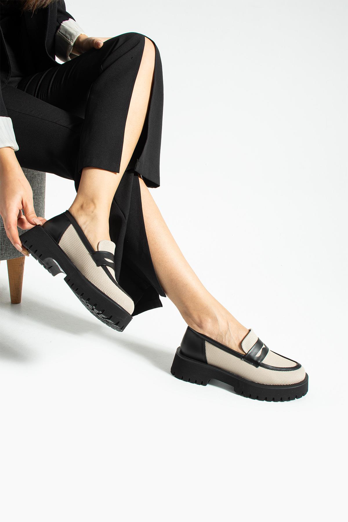 Kadın Yüksek Taban Günlük Loafer Vela - Bej ve Siyah
