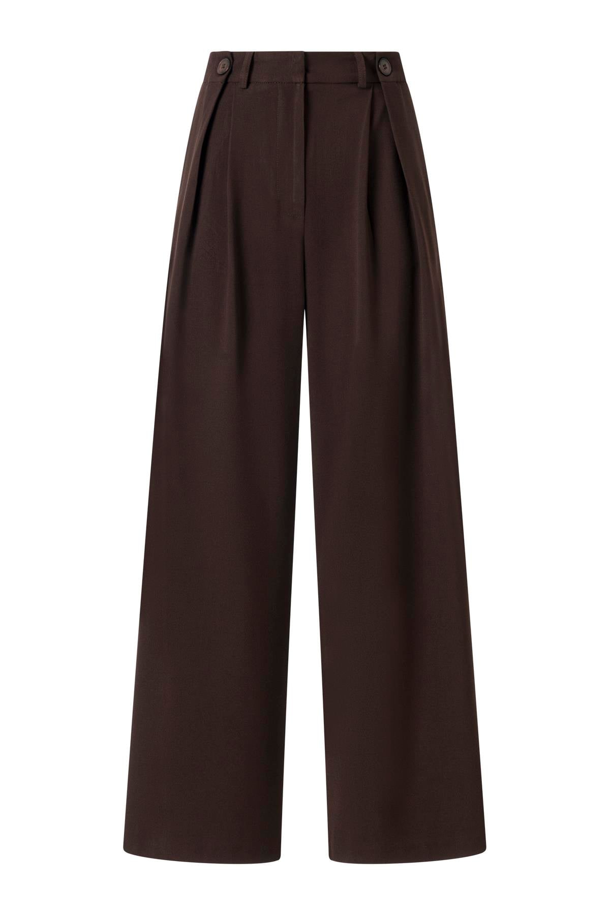 Acı Kahve Düğme Detay Yüksek Bel Palazzo Pantolon ACI KAHVE