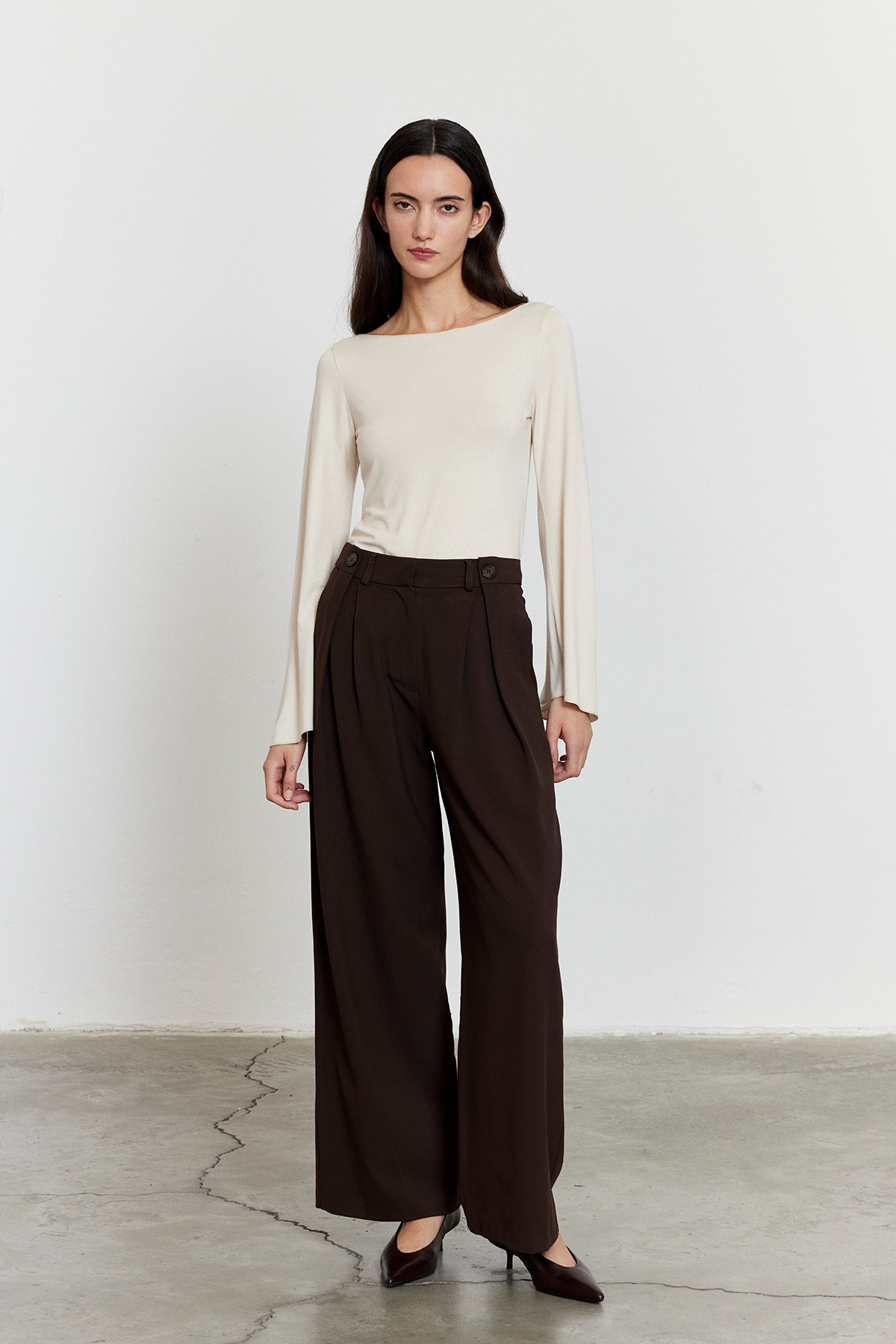 Acı Kahve Düğme Detay Yüksek Bel Palazzo Pantolon ACI KAHVE