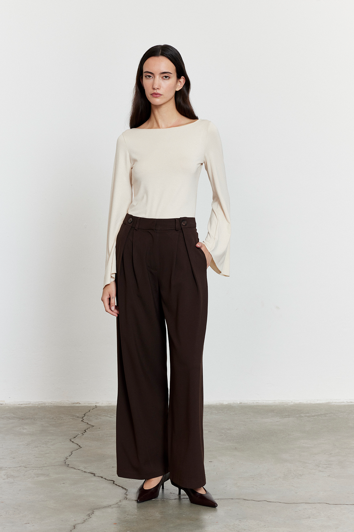 Acı Kahve Düğme Detay Yüksek Bel Palazzo Pantolon ACI KAHVE