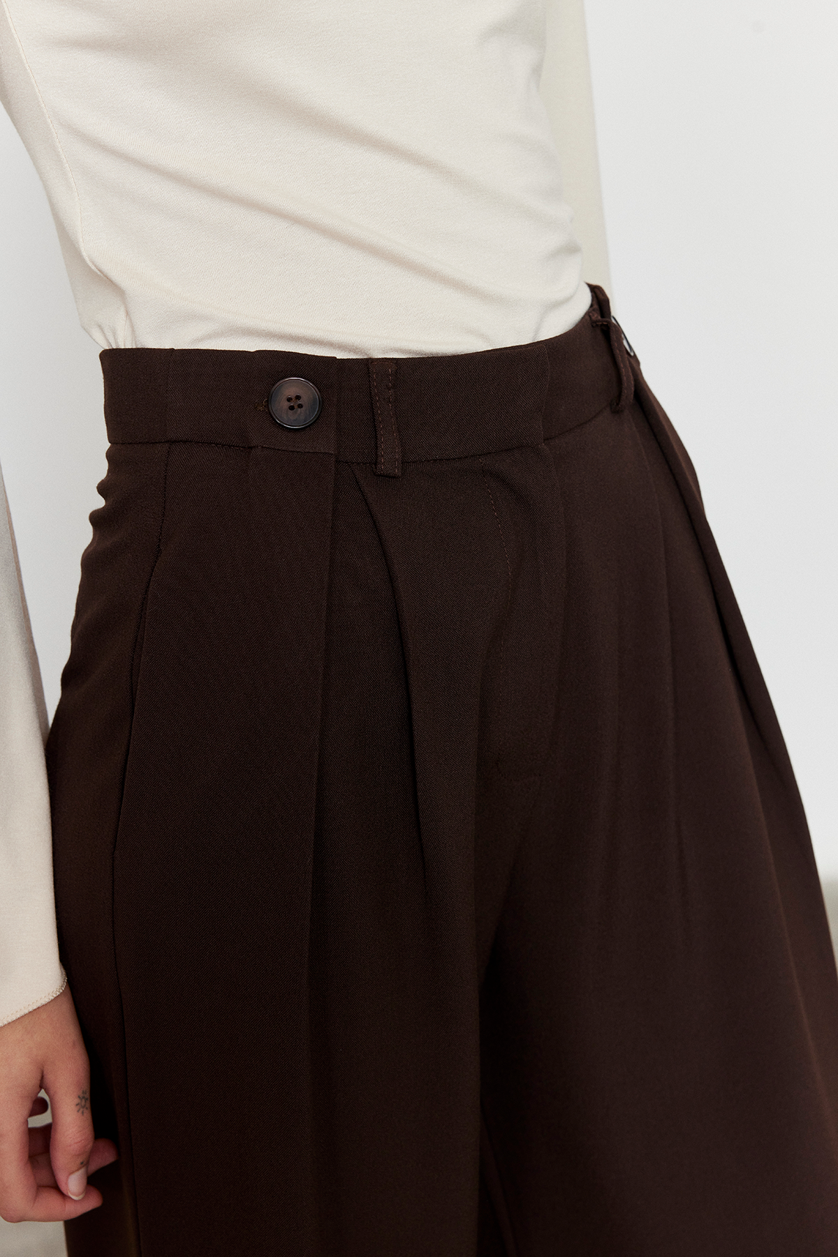 Acı Kahve Düğme Detay Yüksek Bel Palazzo Pantolon ACI KAHVE