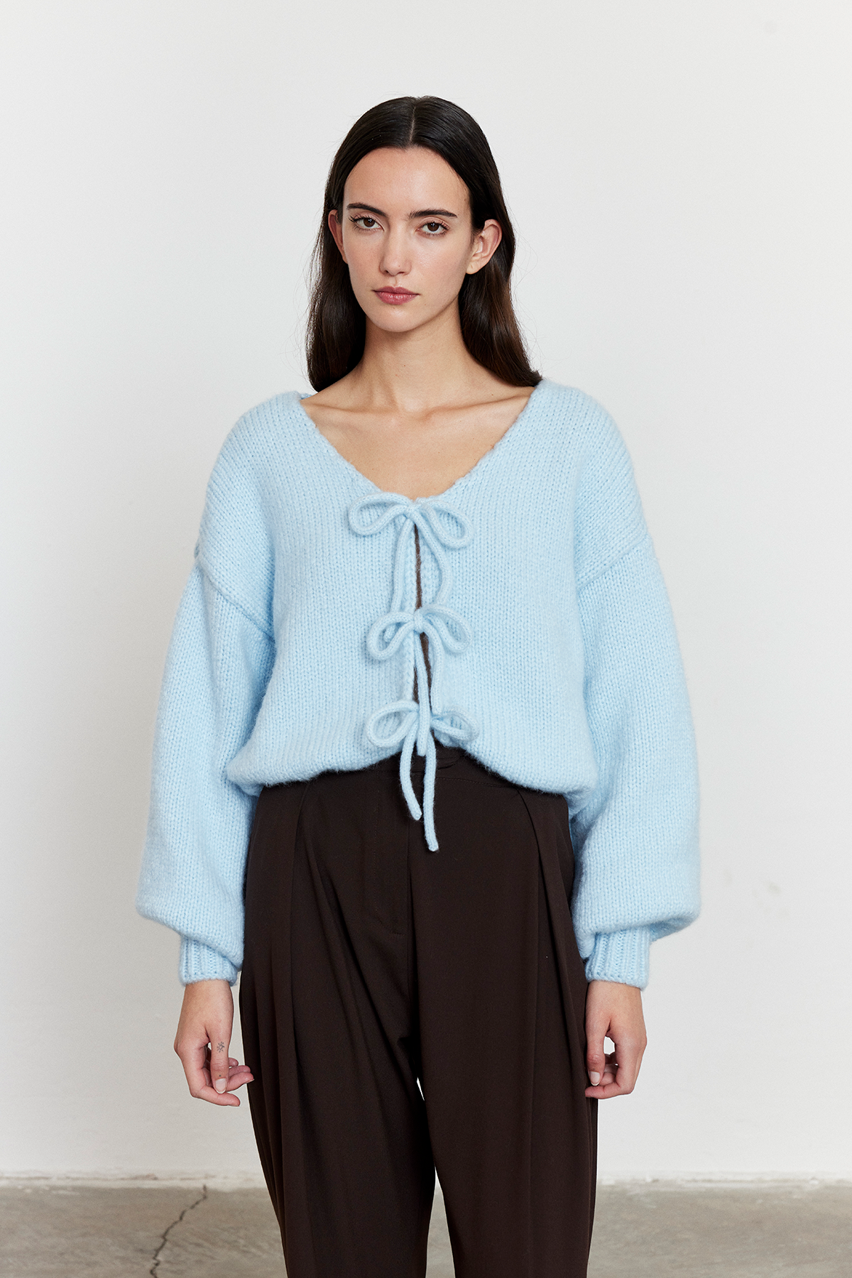 Bağlamalı Balon Kol Hırka Açık Mavi