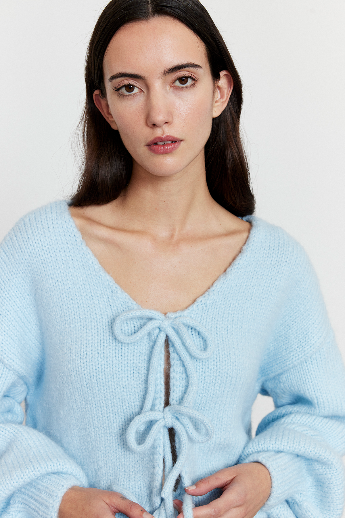 Bağlamalı Balon Kol Hırka Açık Mavi