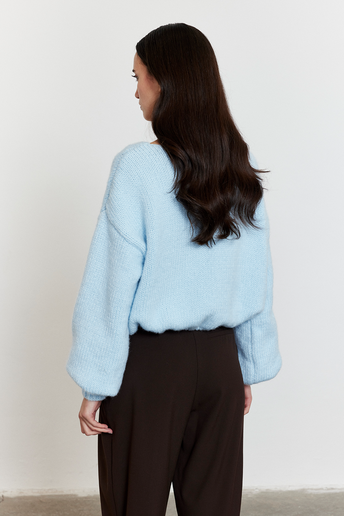 Bağlamalı Balon Kol Hırka Açık Mavi