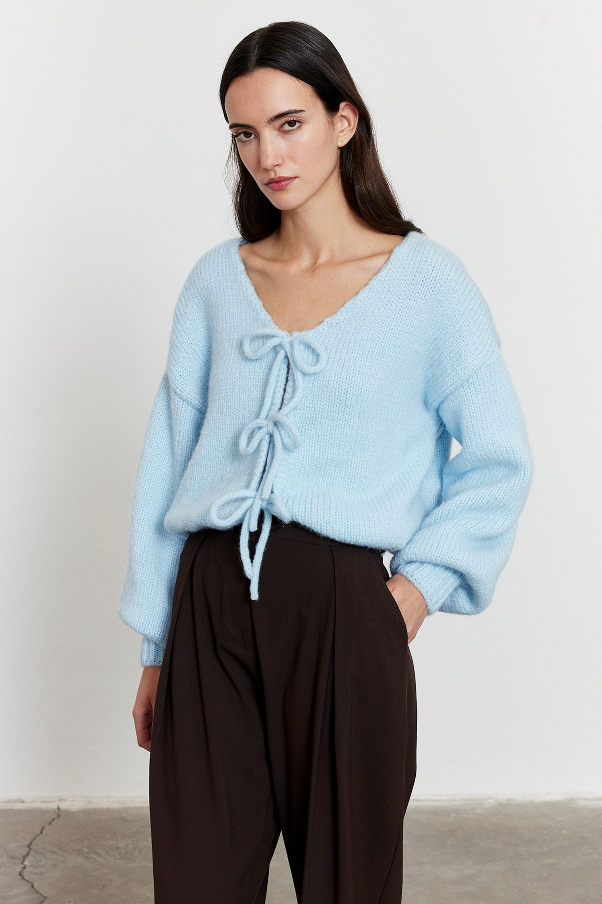 Bağlamalı Balon Kol Hırka Açık Mavi