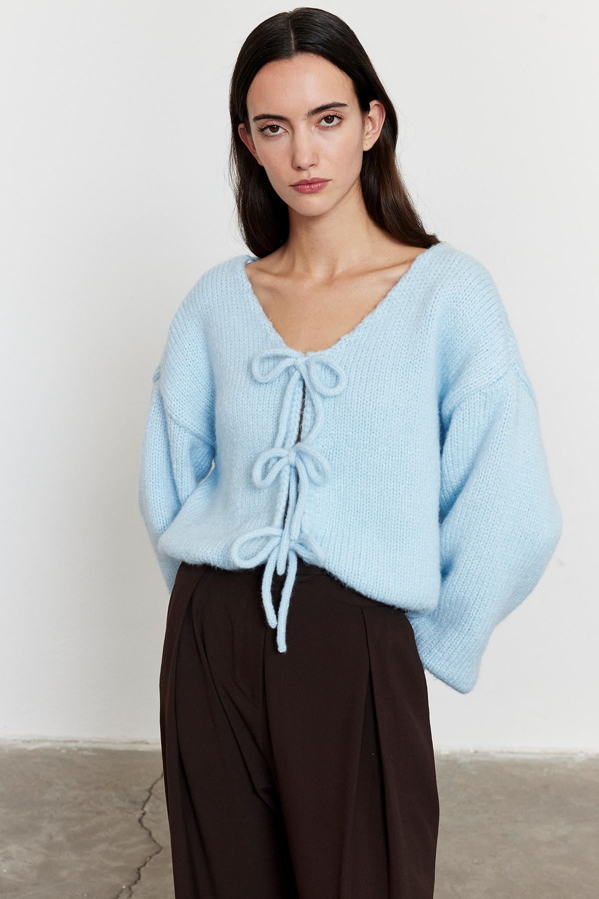 Bağlamalı Balon Kol Hırka Açık Mavi