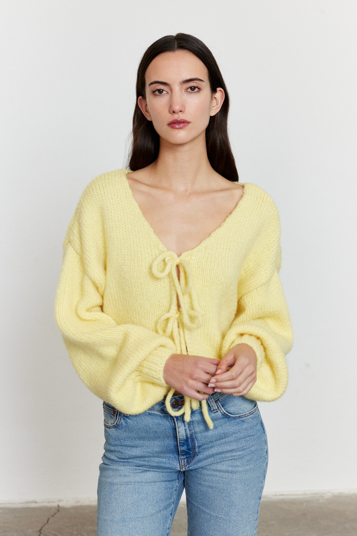 Bağlamalı Balon Kol Hırka Sarı