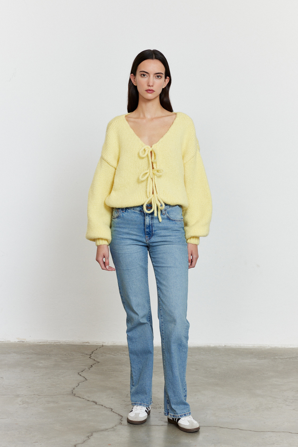 Bağlamalı Balon Kol Hırka Sarı