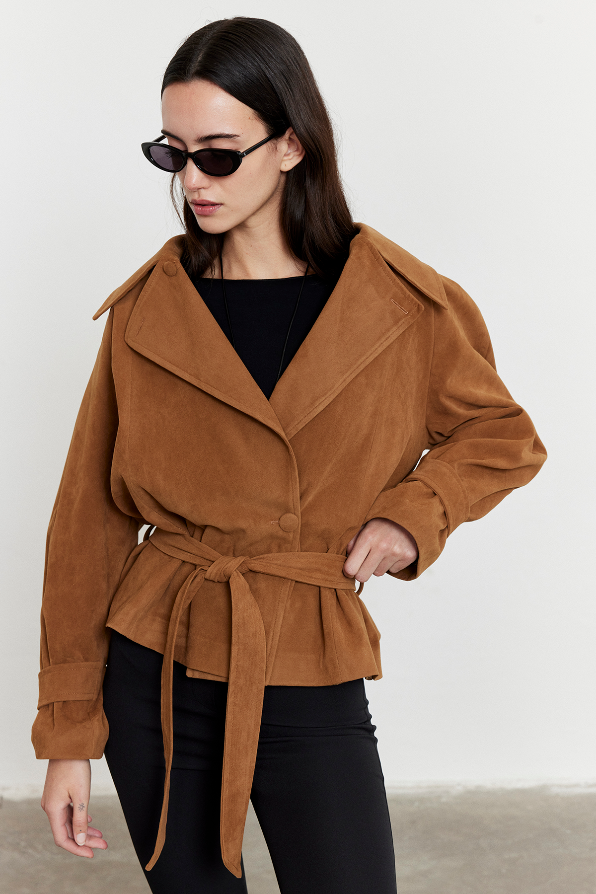 Camel Kemerli Süet Ceket Camel